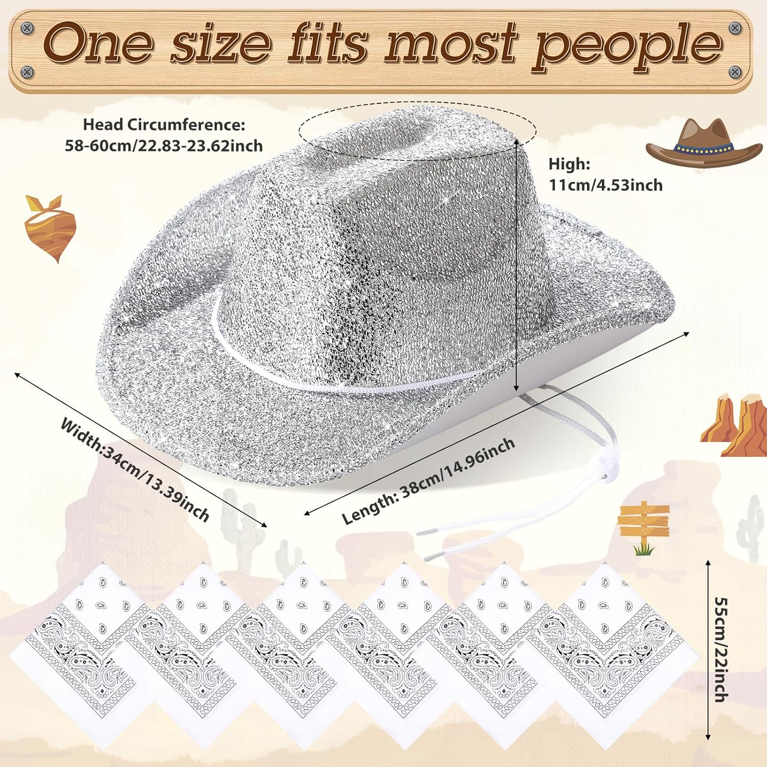 Coume 12 Pcs Sparkly Adults Cowboy Hat and Bandanas Women Men Western Glitter Cowgirl Party Hats with Adjustable Drawstring - Image 3
