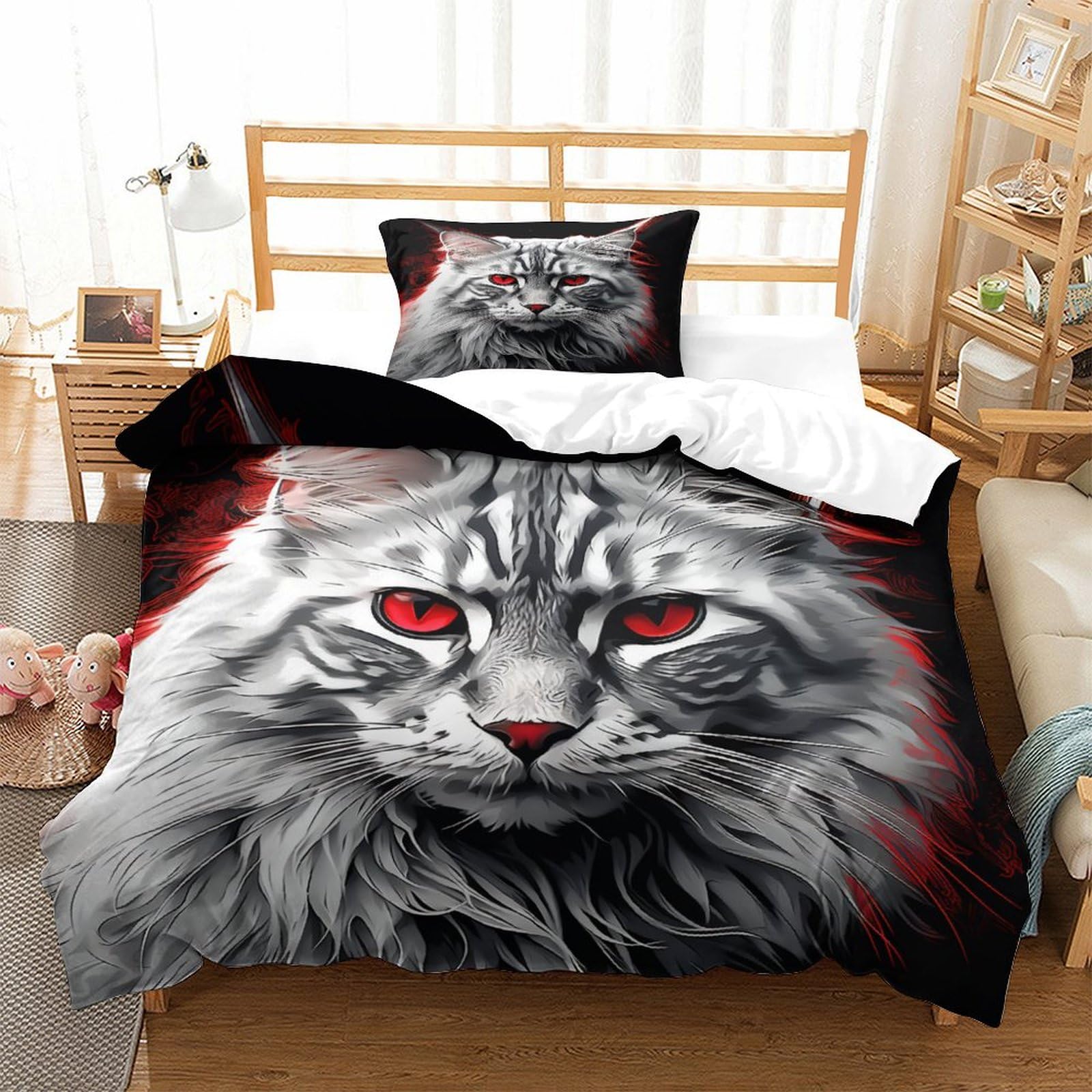 P1S9U7W5Y Realistic Cat 3D Printed Duvet Cover Set 3 Pieces Microfiber for Adults Teens Bedroom Decor Cat Bedding Set Single（135x200cm）