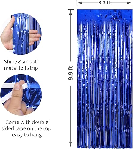 Miniatura 2 de Crosize Paquete de 4 cortinas de flecos de papel de aluminio azul oscuro de 3.3 x 8.2 pies, decoración de fiesta, cortina de oropel azul para