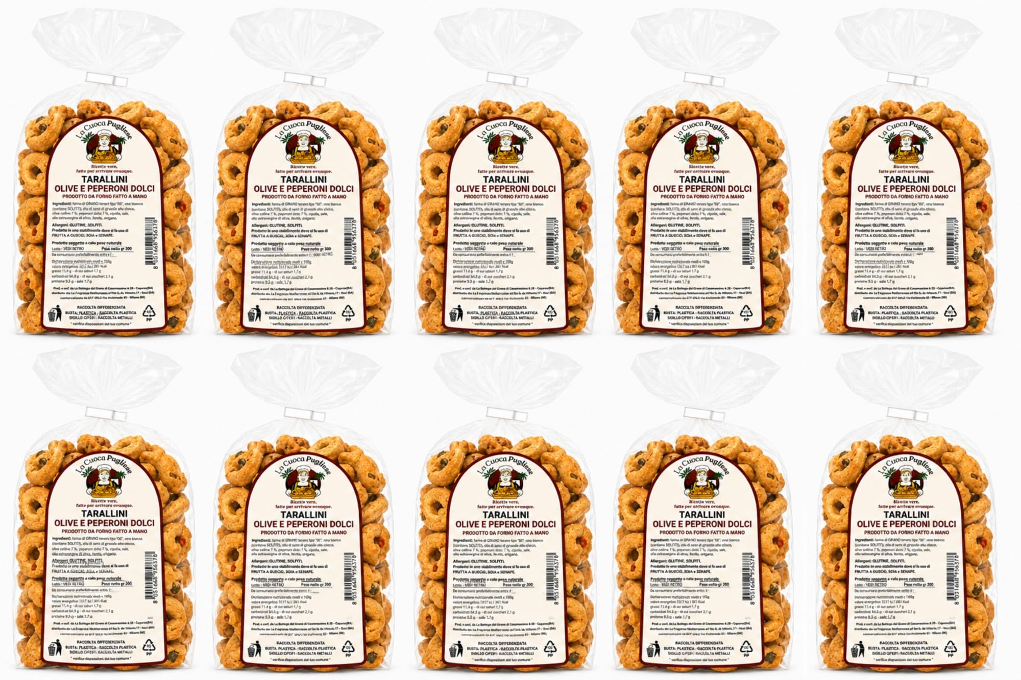 La Cuoca Pugliese - Tarallini con aceitunas y pimientos dulces, taralli artesanales de Apulia, paquete de 10 bolsas x 300 g, especialidad de Apulia