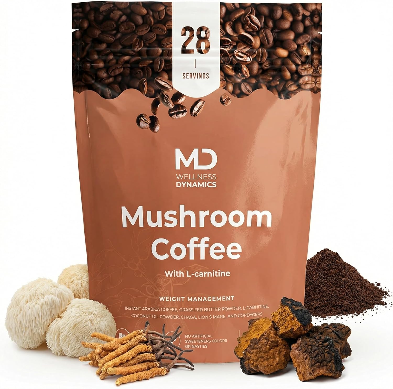 – Mushroom Coffee with L Carnitine, Coconut Oil, & Grass Feed Butter – Lion’s Mane Reishi Chaga Cordyceps Smooth Energy Metabolism Focus Coffee – 28 Servings