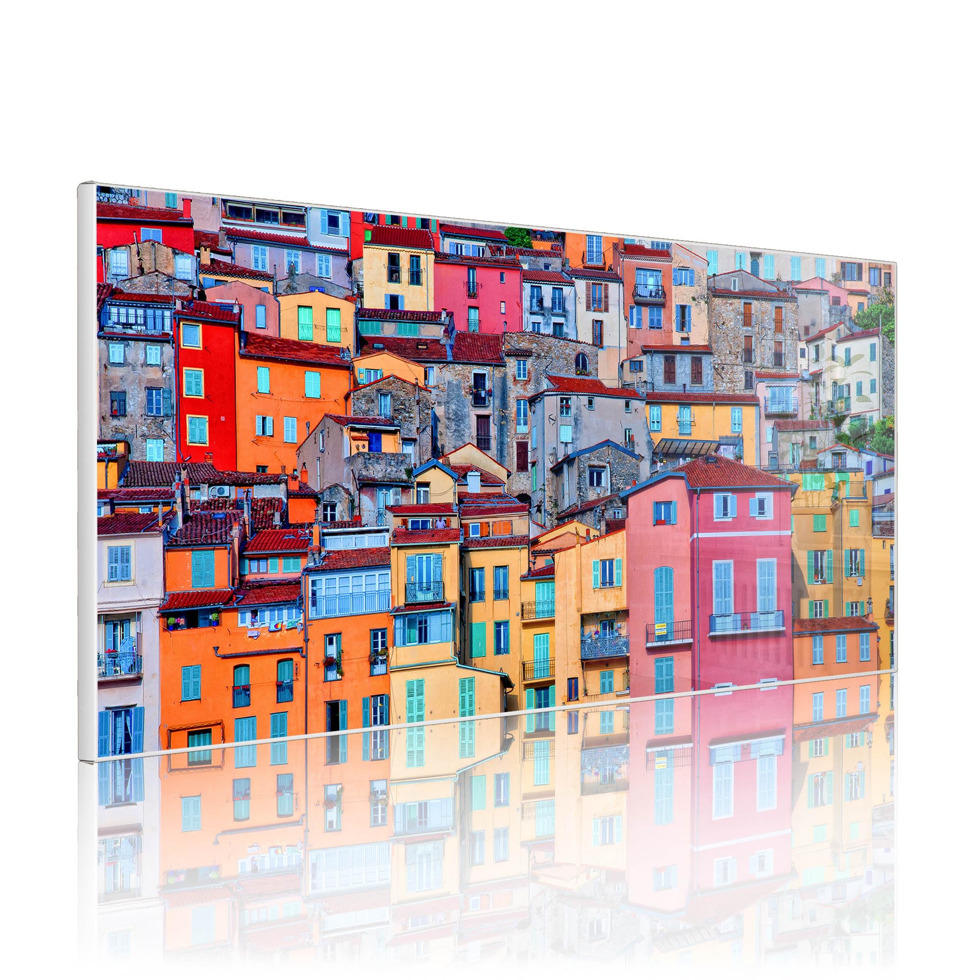 banjado Magnettafel Metall 78 x 37cm - beschreibbare Magnettafel - Metall Pinnwand als Memoboard - Magnetwand Küche, Büro, Kinderzimmer Weiß inkl. 4 Magnete & Montageset - Motiv Häuserberg