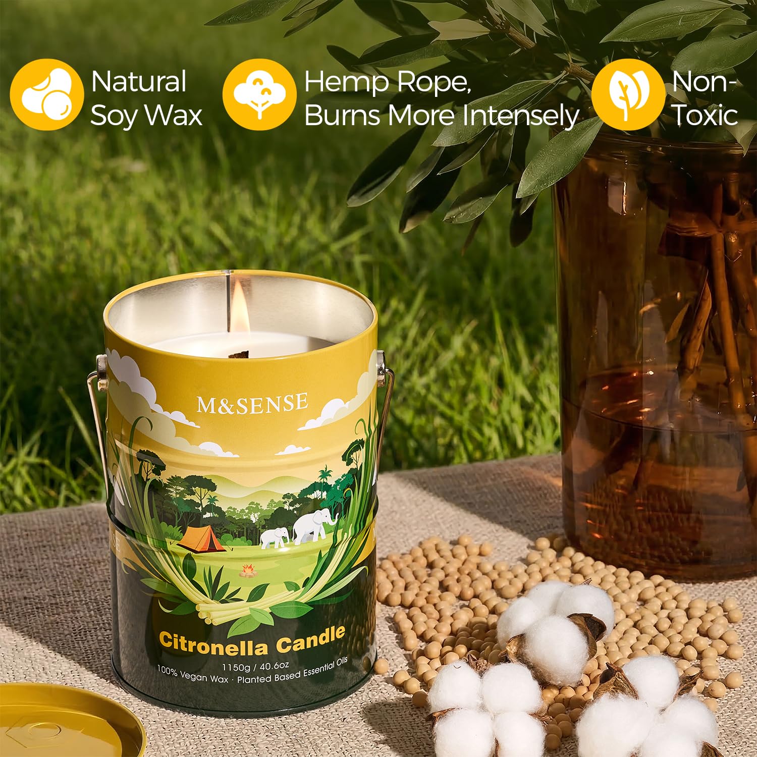 M&SENSE Bougie Citronnelle, 1150g 220h Combustion Grosse Bougie Parfumée Citronnelle, Bougie en Cire de Soja 100% Naturelle pour Jardin, Piscine, Camping, Terrasse, Pique-Nique