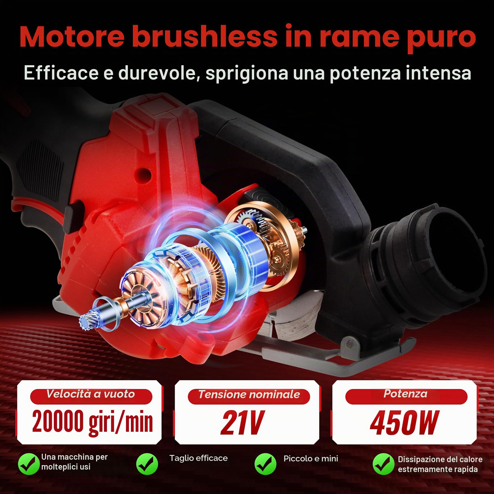 TEENO Mini Sega Circolare, Seghe Circolare per Legno, 2 Batterie 2,0Ah, 20000 RPM, Angolo di Taglio Regolabile, 8 Lame, Guida Parallela, Motore in Rame Puro, Adatta per Metallo, Legno e Piastrelle