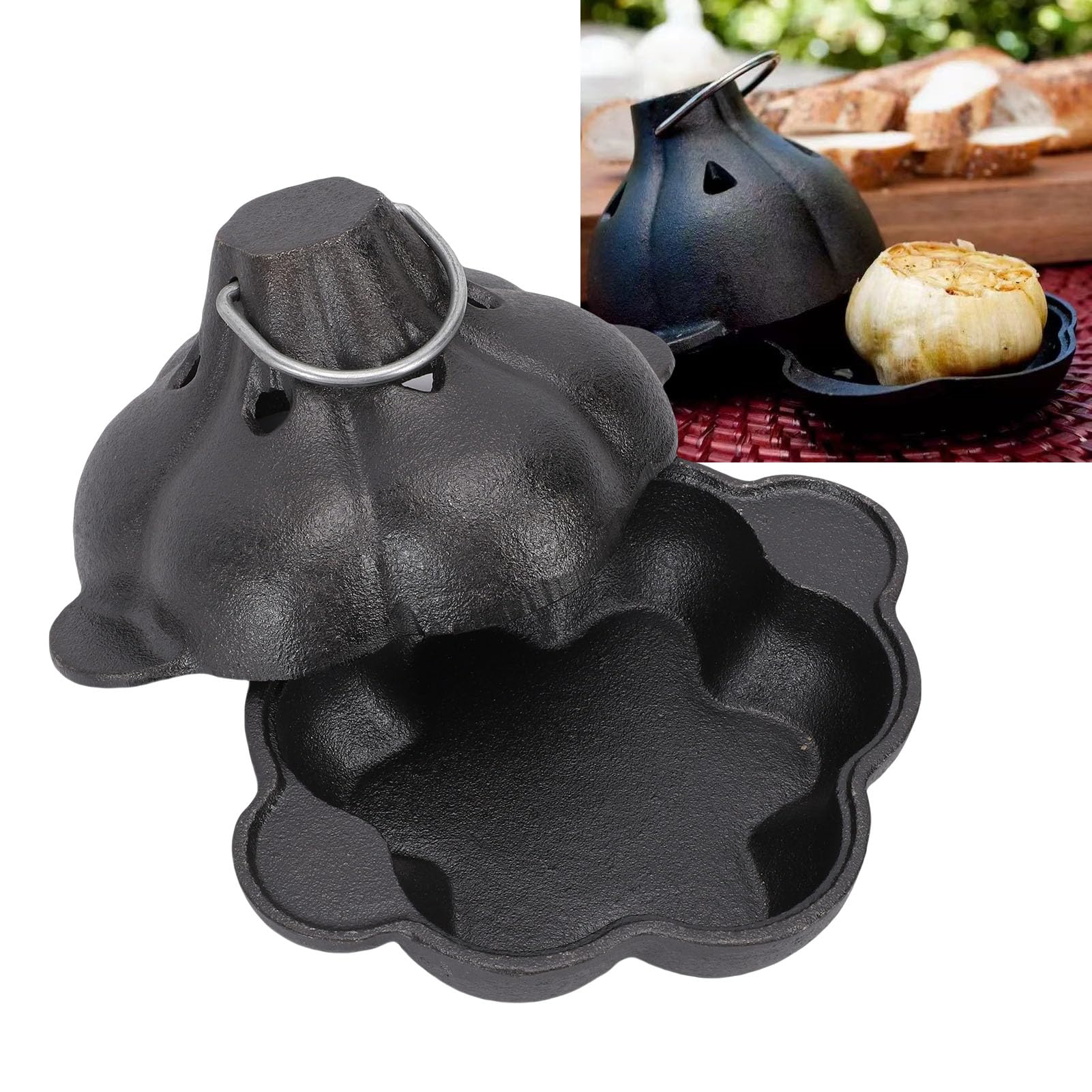 Focket Żeliwny Rożen do Czosnku, Wstępnie Przyprawiony Rożen do Ziemniaków i Czosnku z Uchwytem, Mini Cocotte, Użytku w Piekarniku Kuchennym lub na Zewnątrz na Kuchence Grillowej