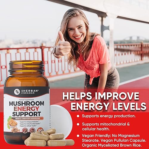 Vista 19 de Mushroom Supplement Brain Support Organic Lions Mane, Cordyceps, Ginkgo Leaf, Gotu Kola + More Natural Herbal Supplement (60 Capsules)