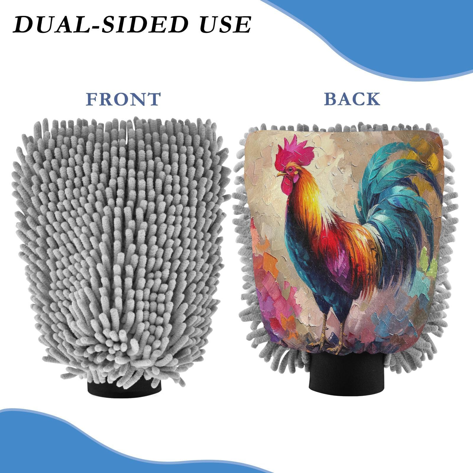 Hezely Rooster Oil Painting Car Wash Mitt, 2PK Scratch Free Lint-Free for Car Washing and Detailing