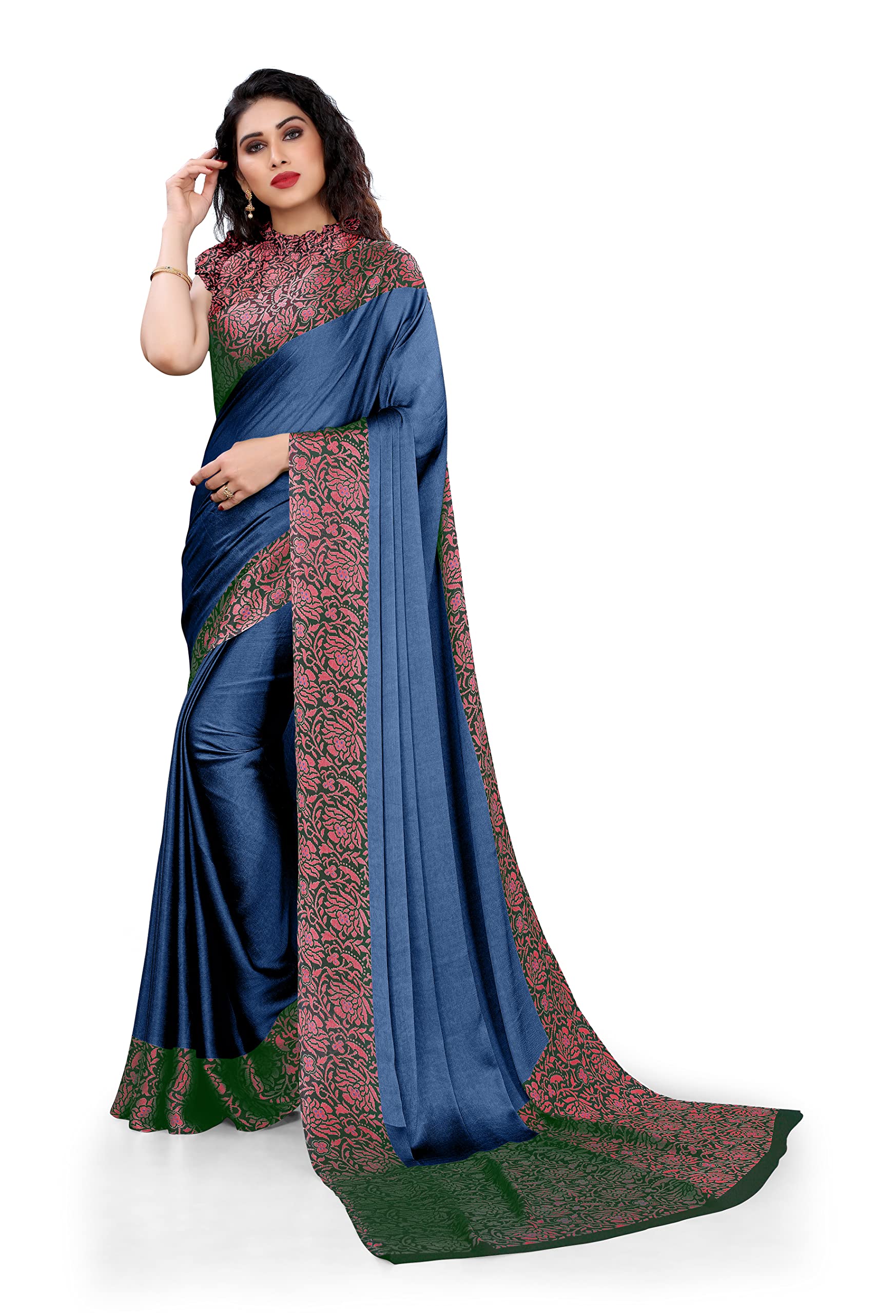 MIRCHI FASHIONWomen's Plain Weave Chiffon Georgette Kalamkari Floral Border Printed Saree with Blouse Piece (35083-Blue, Green, Pink)