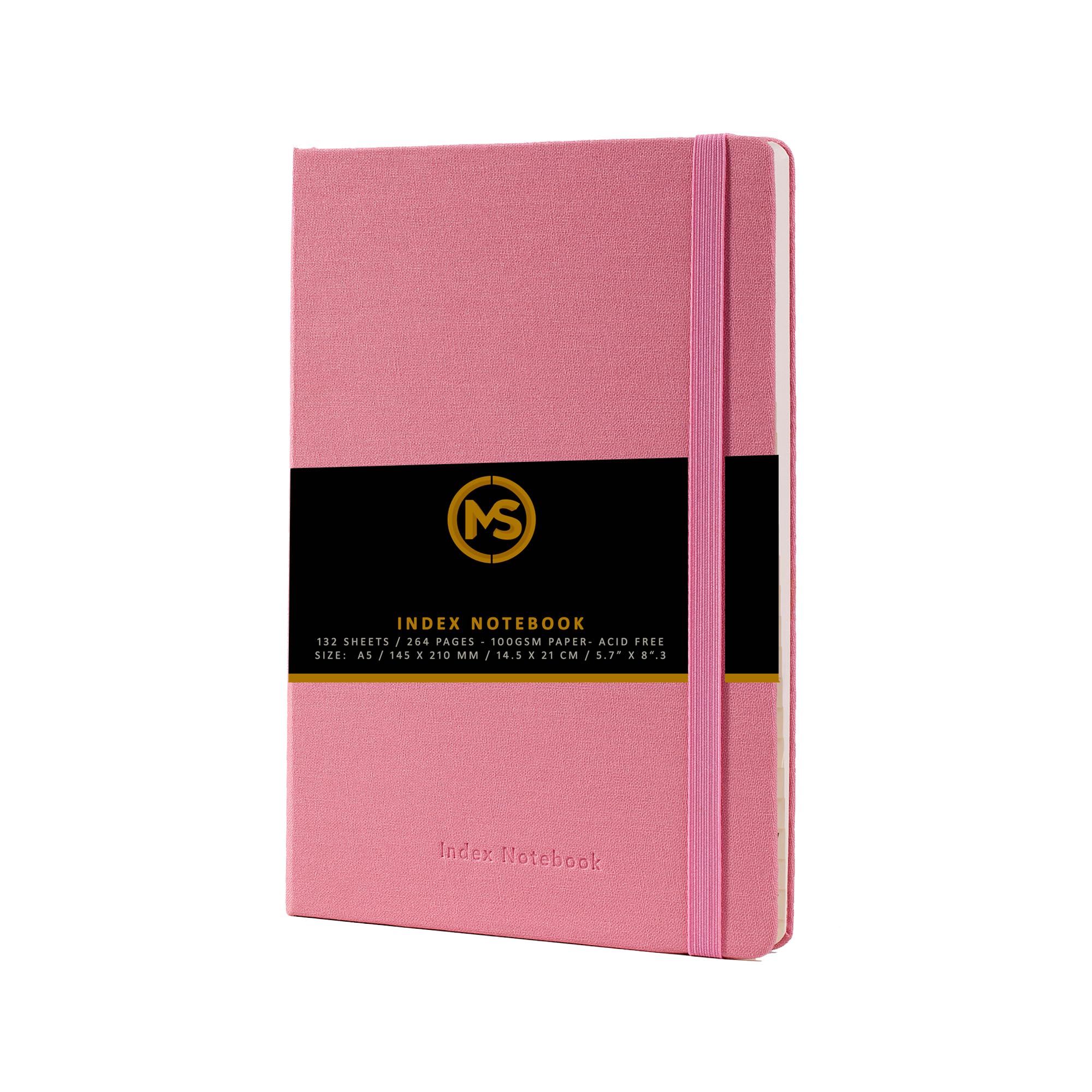 A5 Index Notebook Hardback Linen Fabric Cover 8mm Ruled Margin A-Z Tabs 264 Pages 100 GSM Ivory Paper - FSC Approved (Pastel Pink)