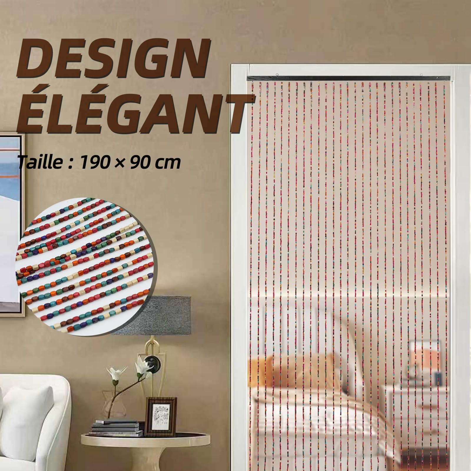 Rideau fait main pour portes de balcon et fenêtres - 52 fils de perles en bois - Style bohème - Couleur arc-en-ciel - Convient pour fenêtres, chambres, couloirs ou cloisons - 90 x 190 cm