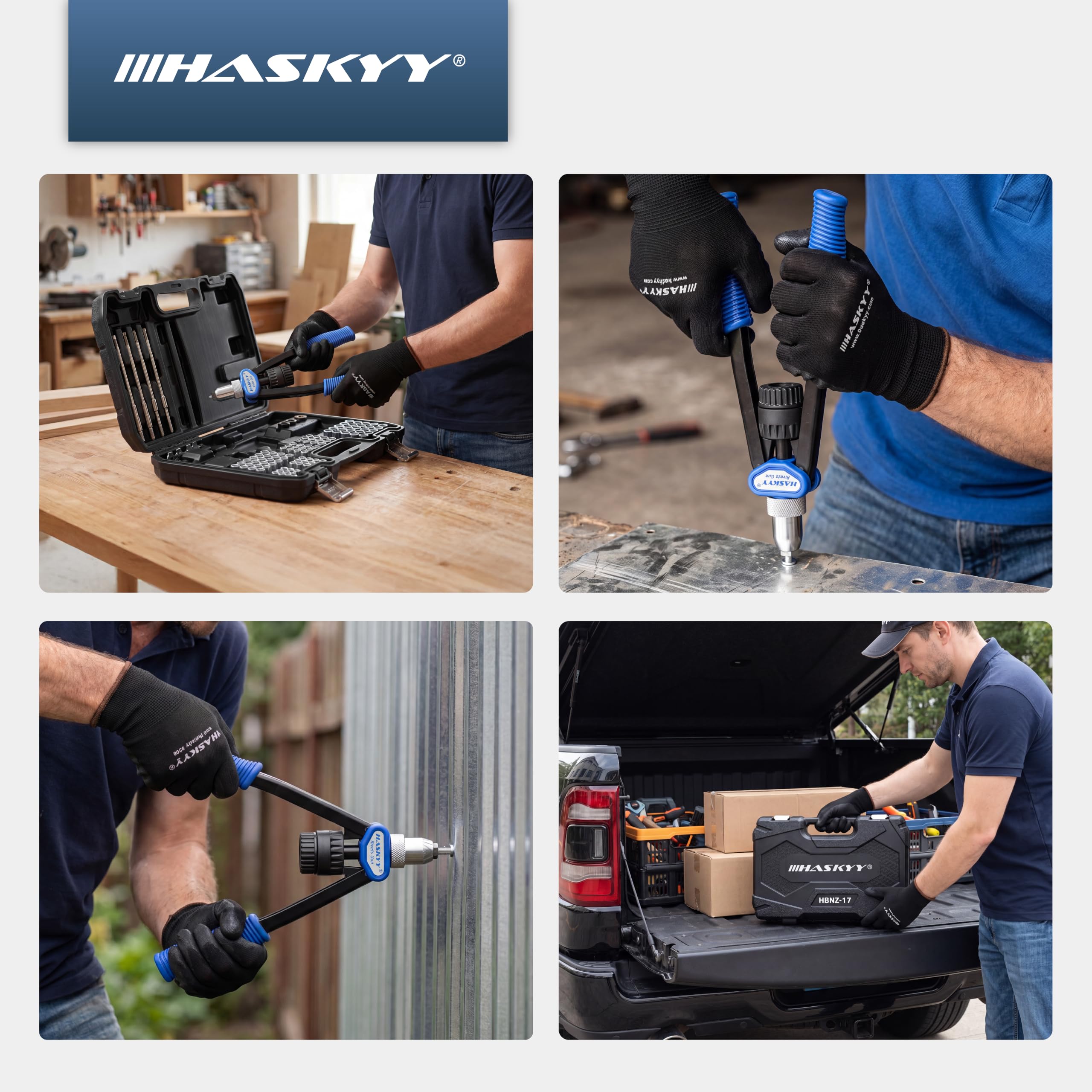 HASKYY Kit profesional de remachadora para tuercas remachables (Rivnut) + 150 tuercas de acero -M5/M6/M8/M10/M12 (30 uds cada medida)