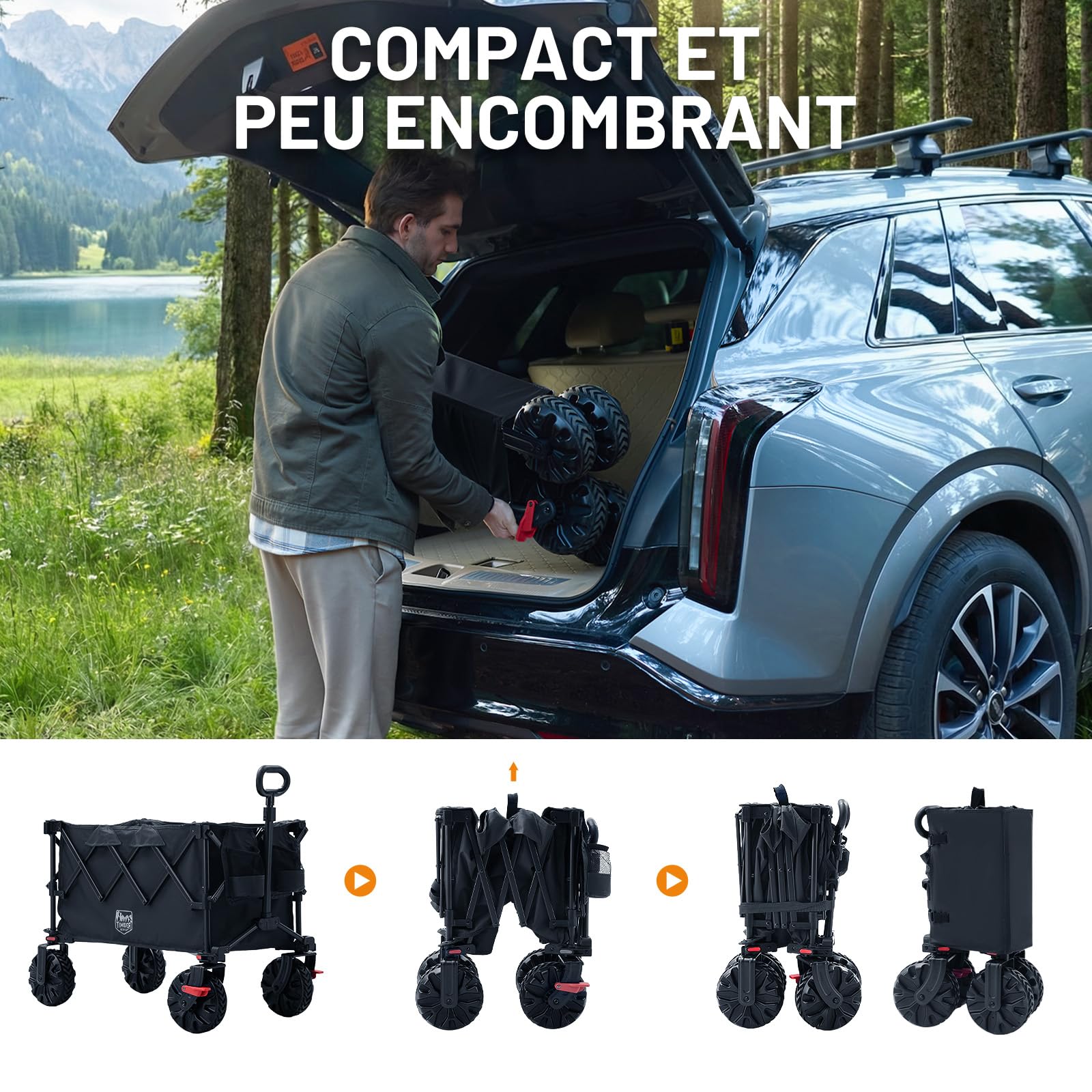TIMBER RIDGE Chariot de Plage 250L Pliable Roues Tout-Terrain Amovibles avec Freins, Poignée Télescopique Réglable, Porte-Gobelet pour Plage, Camping, Festivals, Jardin Et Pique-Nique Extérieur