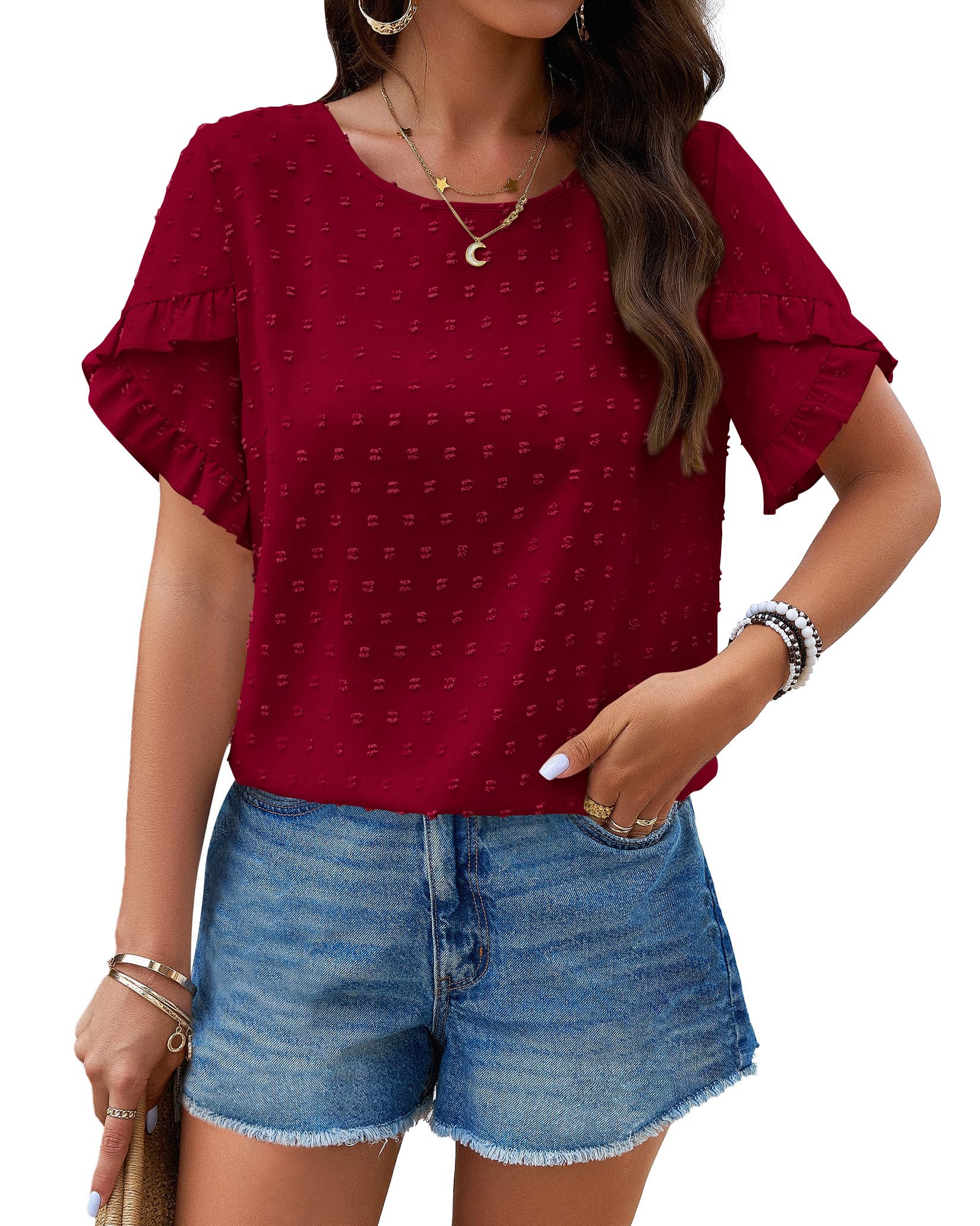 PRETTYGARDEN Women Summer Ruffle Sleeve Swiss Dots Tunic Top