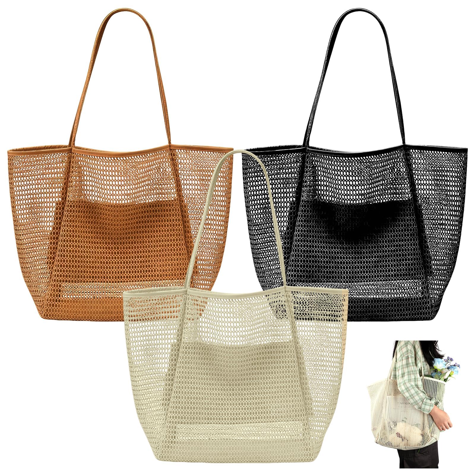ktxaby 3 Pack Mesh Beach Bags for Women,Waterproof Beach Tote with Inner Pocket, Foldable 23L Shopping Bags for Pool Beach Travel and Picnic(Black Khaki Beige)
