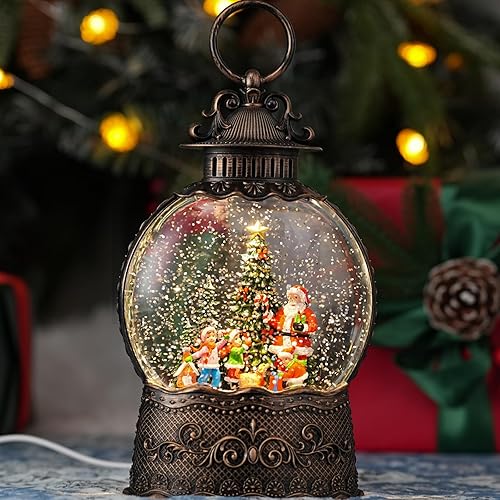 Snow Globe with Santa Claus, Light Up Christmas Snow Globes with Music Timer - USB Plug or Battery Operated Glitter Globe Indoor Christmas Decorations