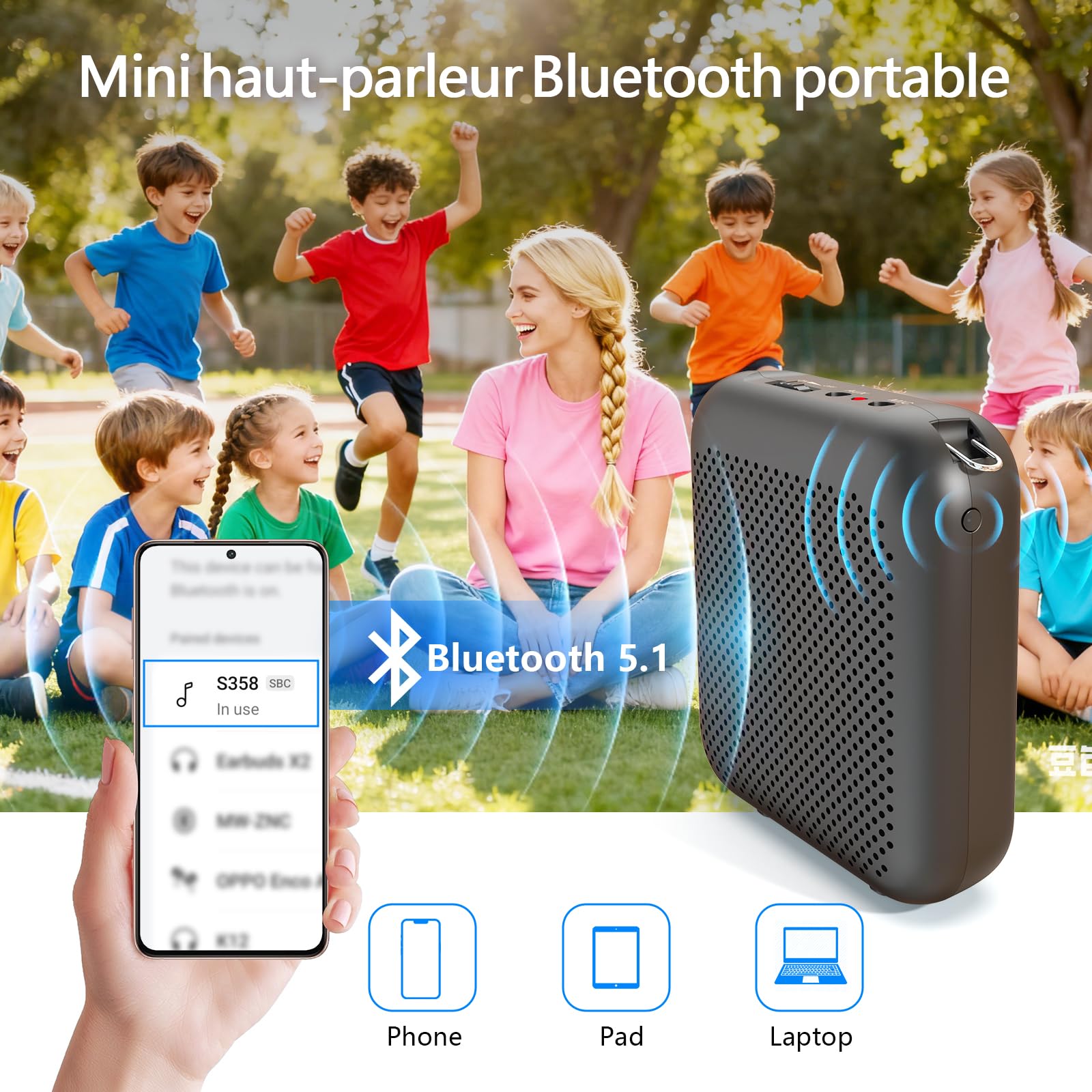 15W Amplificateur Vocal Portable avec Micro sans Fil Bluetooth & Filaire | Portable Amplificateur de voix, Batterie 5200mAh, Type-C Rechargeable, 12h d'autonomie pour Enseignants, Guides, Classe, Yoga