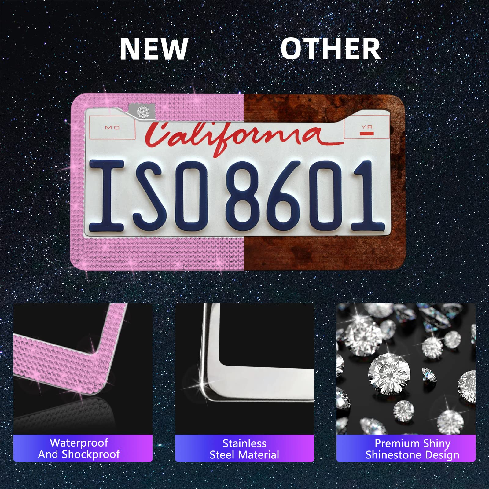 25PCS Bling Car Parts Set, Car Parts Set Female Plug Universal 15 Inch, Shiny License Plate Frame, Center Console Cover and Rearview Mirror Set and Other Car Accessories(Pink)