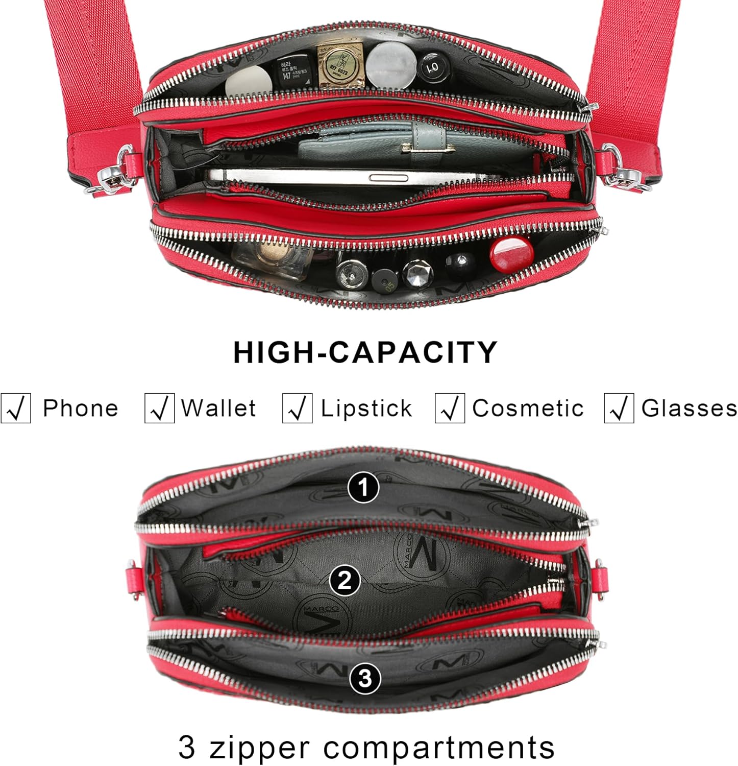 MKP COLLECTION Crossbody Bags for Women Small Shoulder Purses with Adjustable Wide Strap, Triple Zip Design