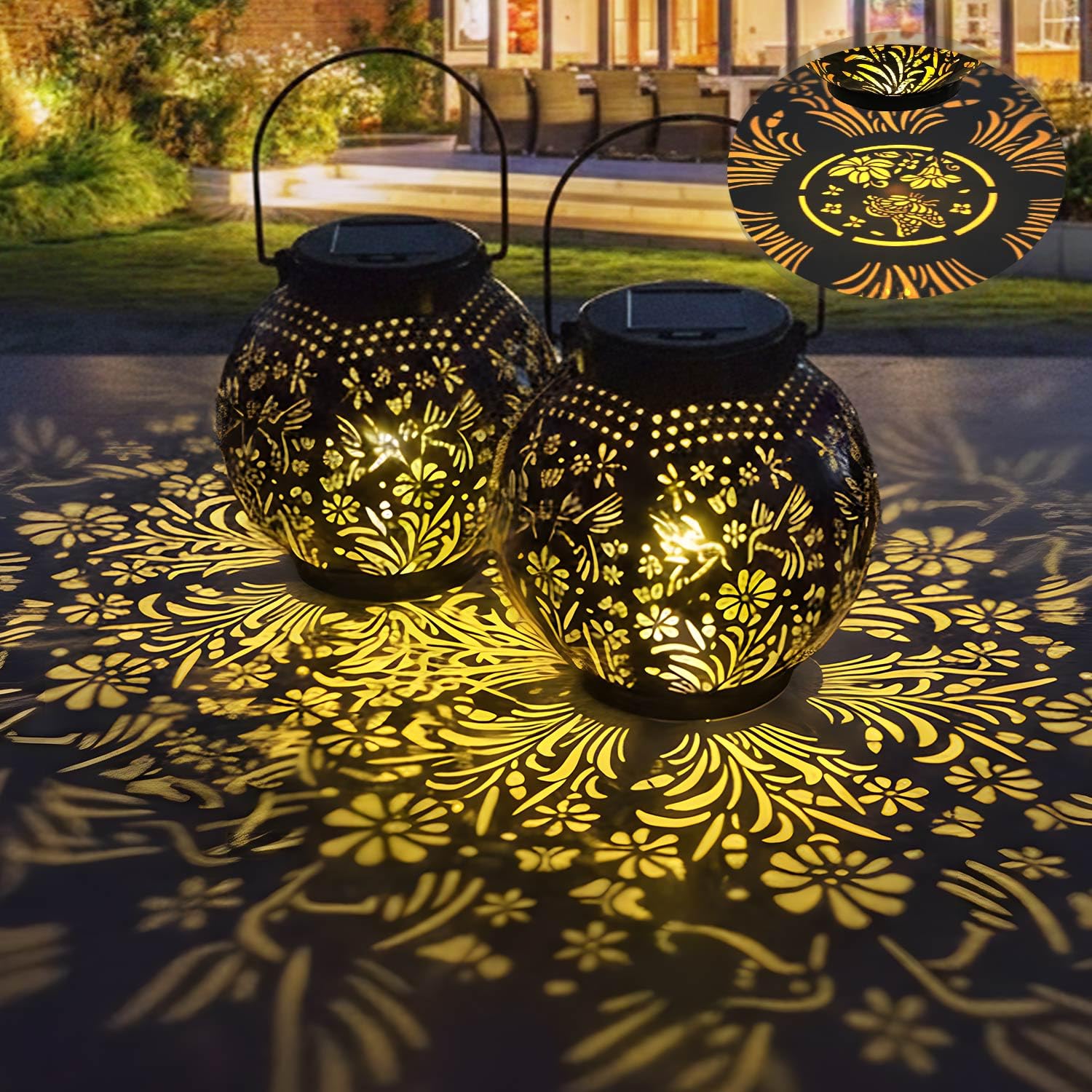 KALAHOL 2 Pack Solar Lanterns Light, Outdoor Lanterns for Garden with Beautiful Pattern, IP44/Auto On Off, Outdoor Hanging Garden Solar Lights for Garden Outside Patio Courtyard Table Balcony