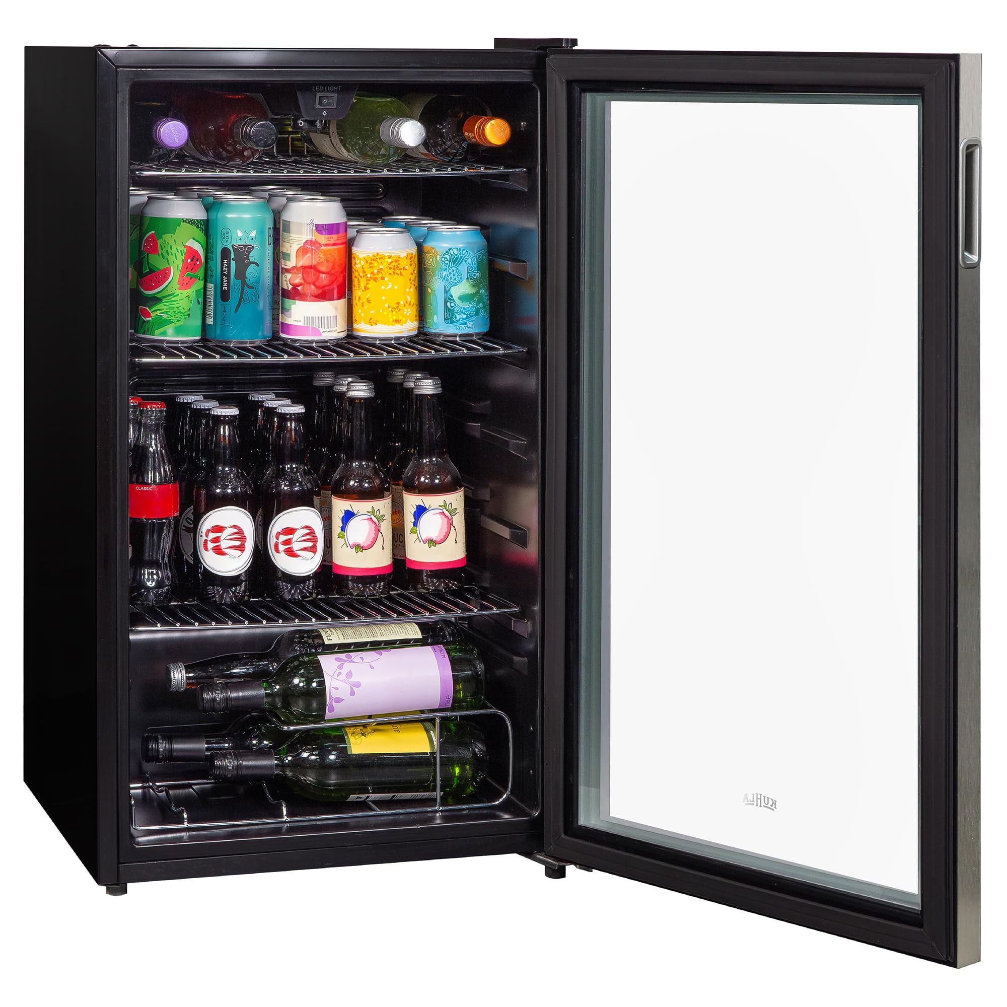 Kuhla Mini Fridge 93 Litre Undercounter Freestanding Beverage/Drinks Wine Fridge for Beer Stainless Steel, LED Light, Drinks & Snacks Glass Door, 3 Adjustable Shelves, Energy Efficient, K48BC101SS — view 8
