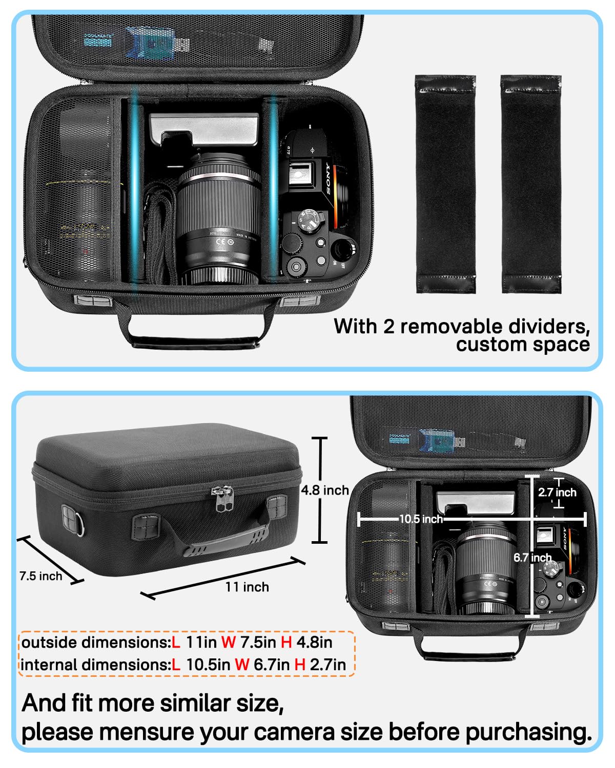 RAIACE Twarda obudowa kompatybilna z aparatem Sony Alpha 7 II III IV/7R V, do Nikon, Canon, Pentax i wielu innych. Z kieszenią z siatki na obiektyw, ładowarkę, kabel i akcesoria. - czarna