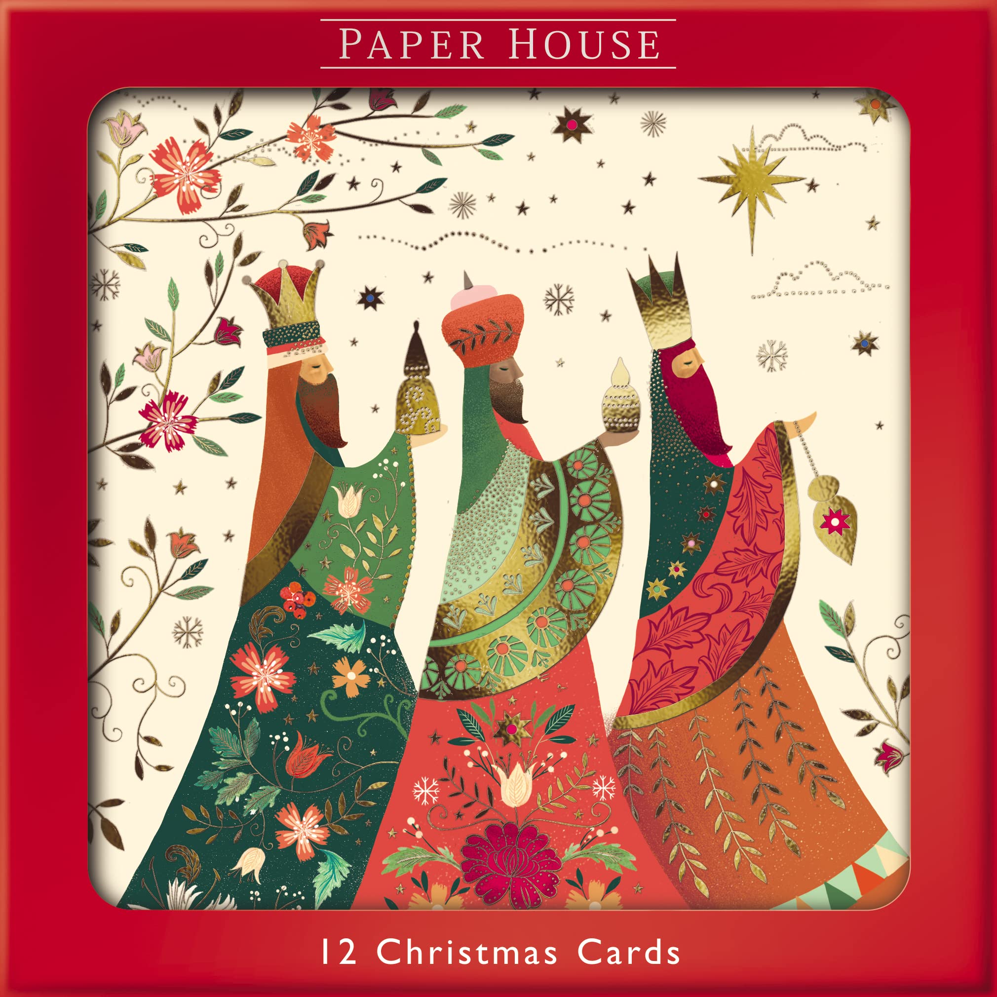 Box of 12 Kings & Angel Luxury Foiled Christmas Cards in 2 Designs Boxed Xmas XOM0002, Multicolor, 16cm x 16cm