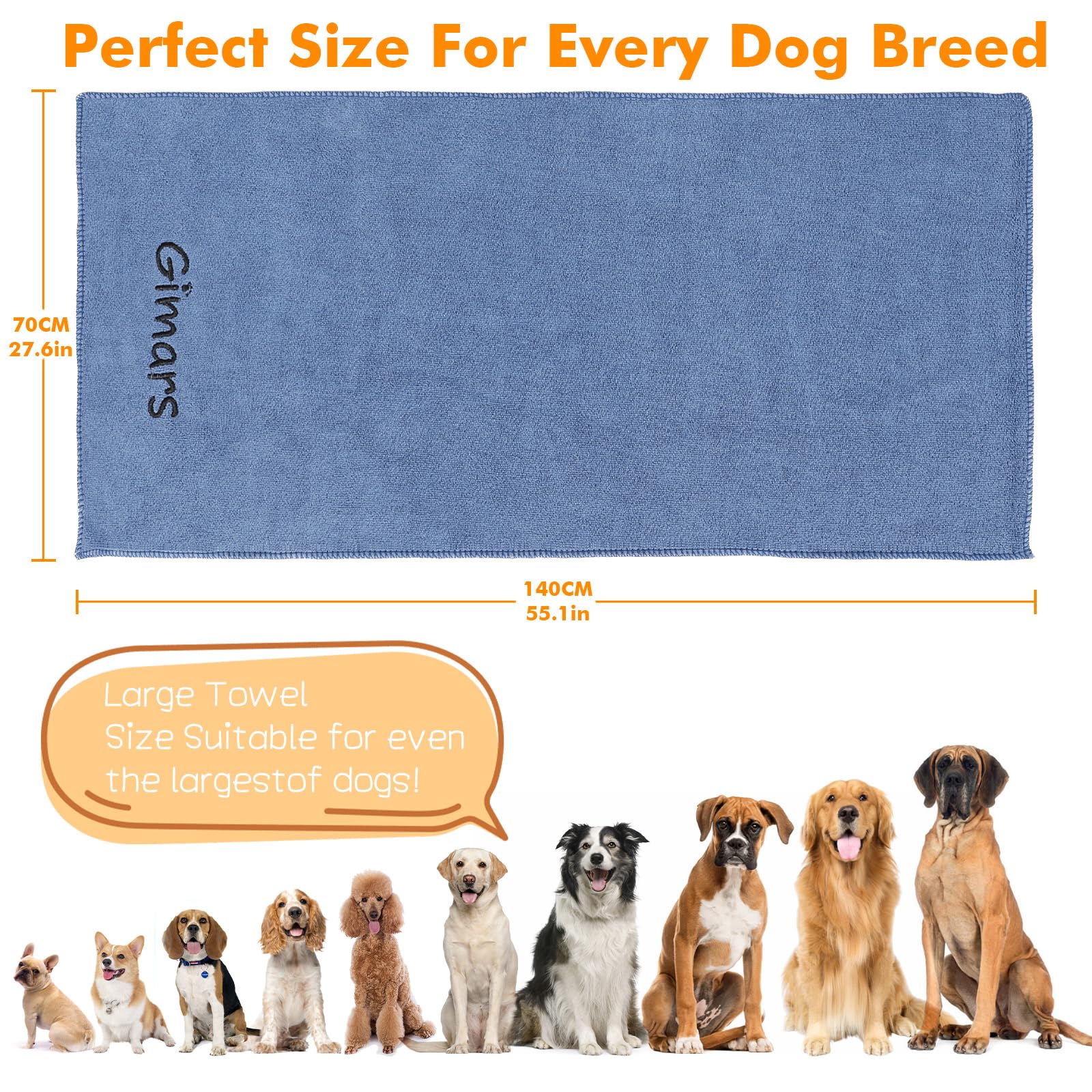 Gimars Toalla de Perro 140x70 cm de Microfibra, súper Absorbente, Secado rápido, Grande, para Perros Grandes, para secar después del baño y la Lluvia