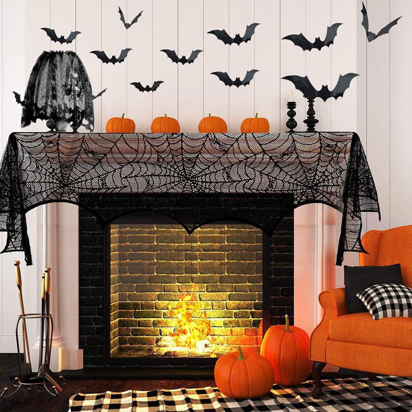 Set di Decorazioni di Halloween 40 Pezzi: Tessuto per Paralume, Runner da Tavolo in Pizzo Ragnatela, Tovaglia Rotonda Ragnatela, Sciarpa da Camino