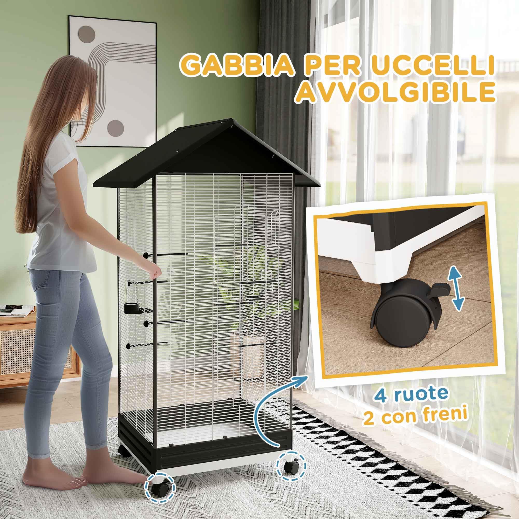 PawHut Gabbia per Uccelli con Ruote e Vassoio Estraibile, Voliera in Acciaio per Pappagalli Canarini Calopsite Inseparabili Grande con Posatoi, Tetto e Mangiatoie, Interno Esterno, 79x65x155cm, Nero