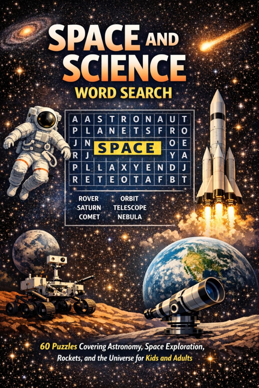 Space and Science Word Search: 60 Puzzles Covering Astronomy, Space Exploration, Rockets, and the Universe for Kids and Adults