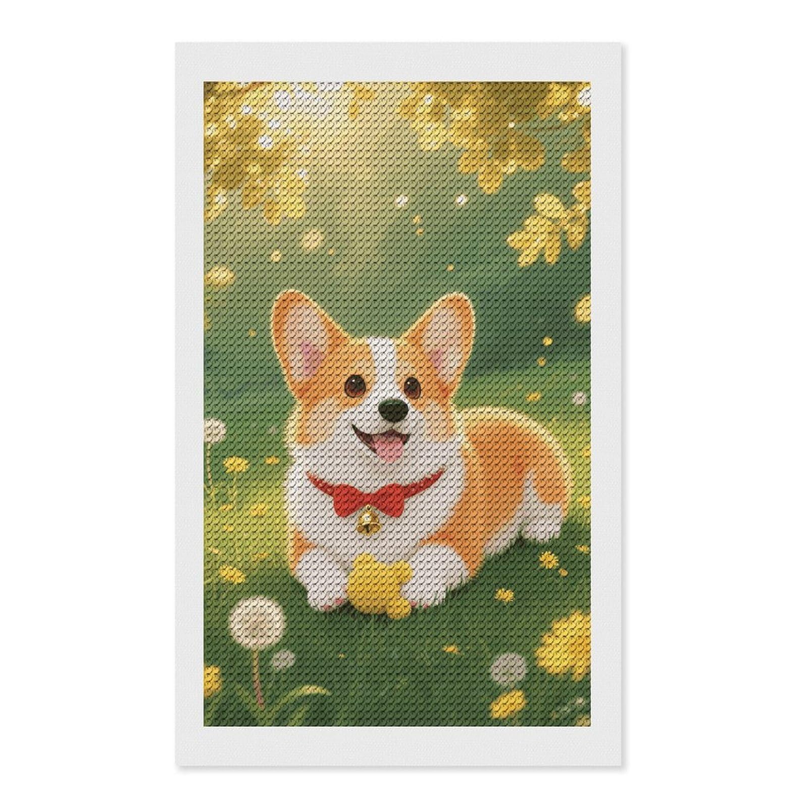 FodPand Corgi 5D Diamond Painting Kits for Adults Beginners Full Drill Round Diamond Dots Pictures Gem Art Supplies for Home Wall Room Decoration DIY Craft Set Gift 12x20