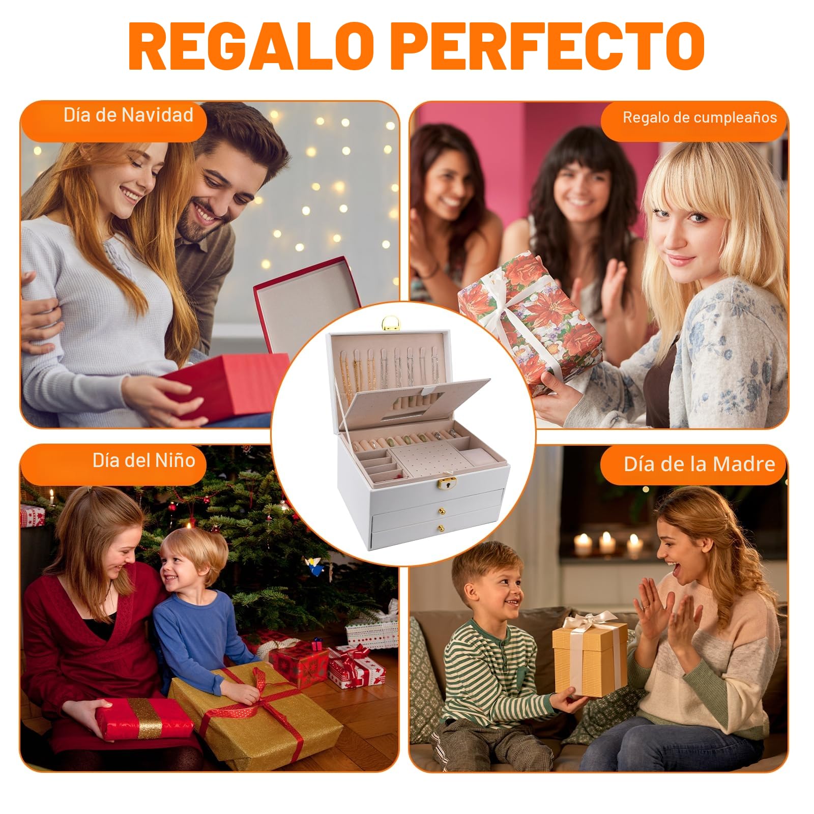 Caja Joyero de 3 Niveles,Joyeros Mujer Organizador,Grande Joyero Viaje Cajones Niña,Joyero de terciopelo,con cerradura y llave,para Pulseras,Pendientes,Anillos,Collares,Relojes,Blanco