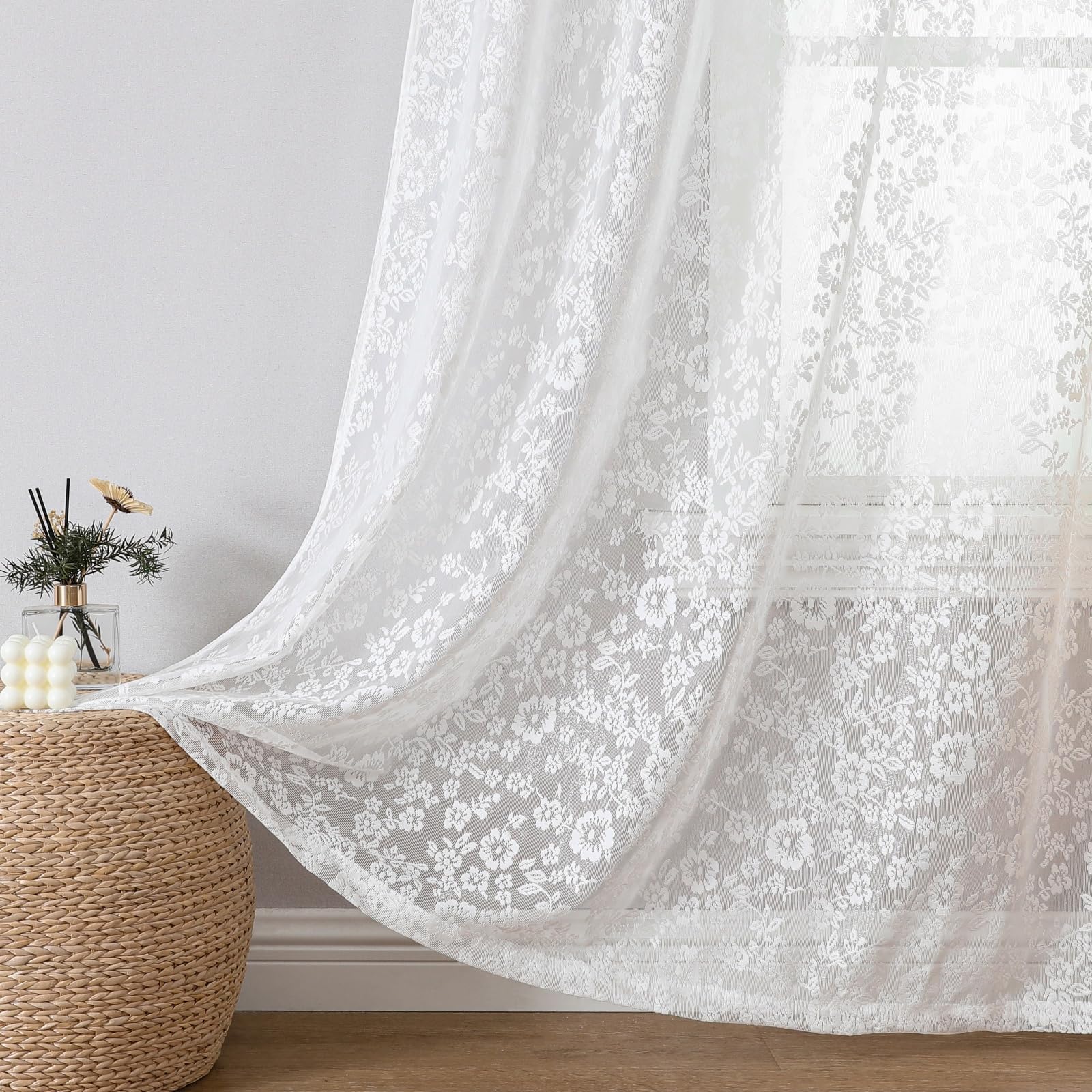 Gazal Vole White Floral Lace Curtains 54 inch Drop, Small Victorian Flower Knitted Sheer Curtains, French Door Shabby Chic Voiles, Eyelet Semi-Transparent for Indoor Outdoor Wedding Decor