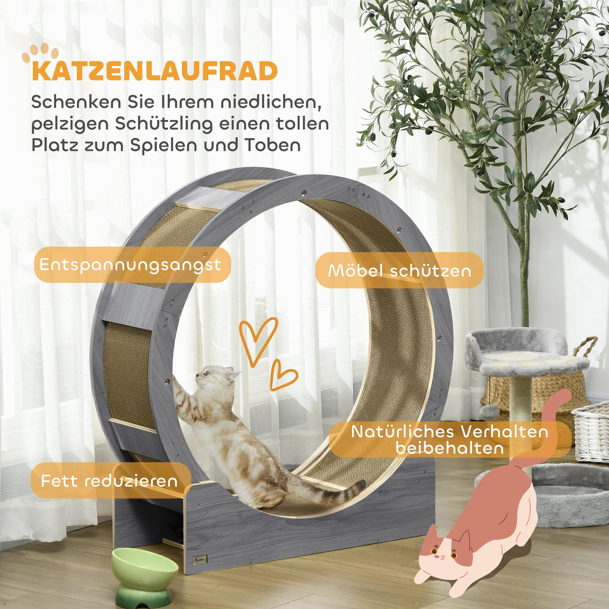 PawHut Katzenlaufrad mit Bremse für Katzen 91 cm Durchmesser Grau | Laufrad für Katzen, Katzenrad, Laufbahn, Kratzbrett, Cat Wheel Laufband, für Gewichtsverlust & Gesundheit