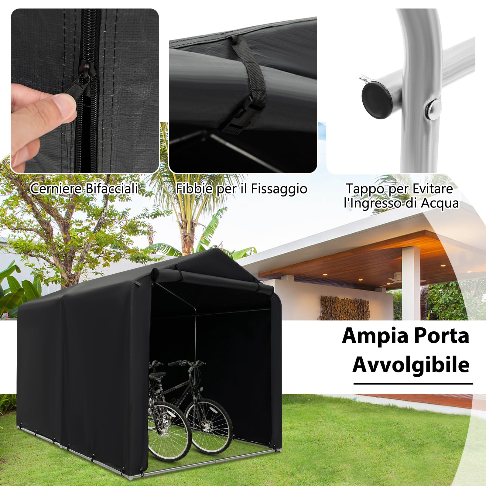 COSTWAY Capanno di Stoccaggio per Esterni, Garage Portatile per Biciclette, Motociclette, Attrezzi da Giardino, Carport per Bici con Porta a Rullo e Cerniera, 160 x 218 x 164 cm (Grigio Scuro)