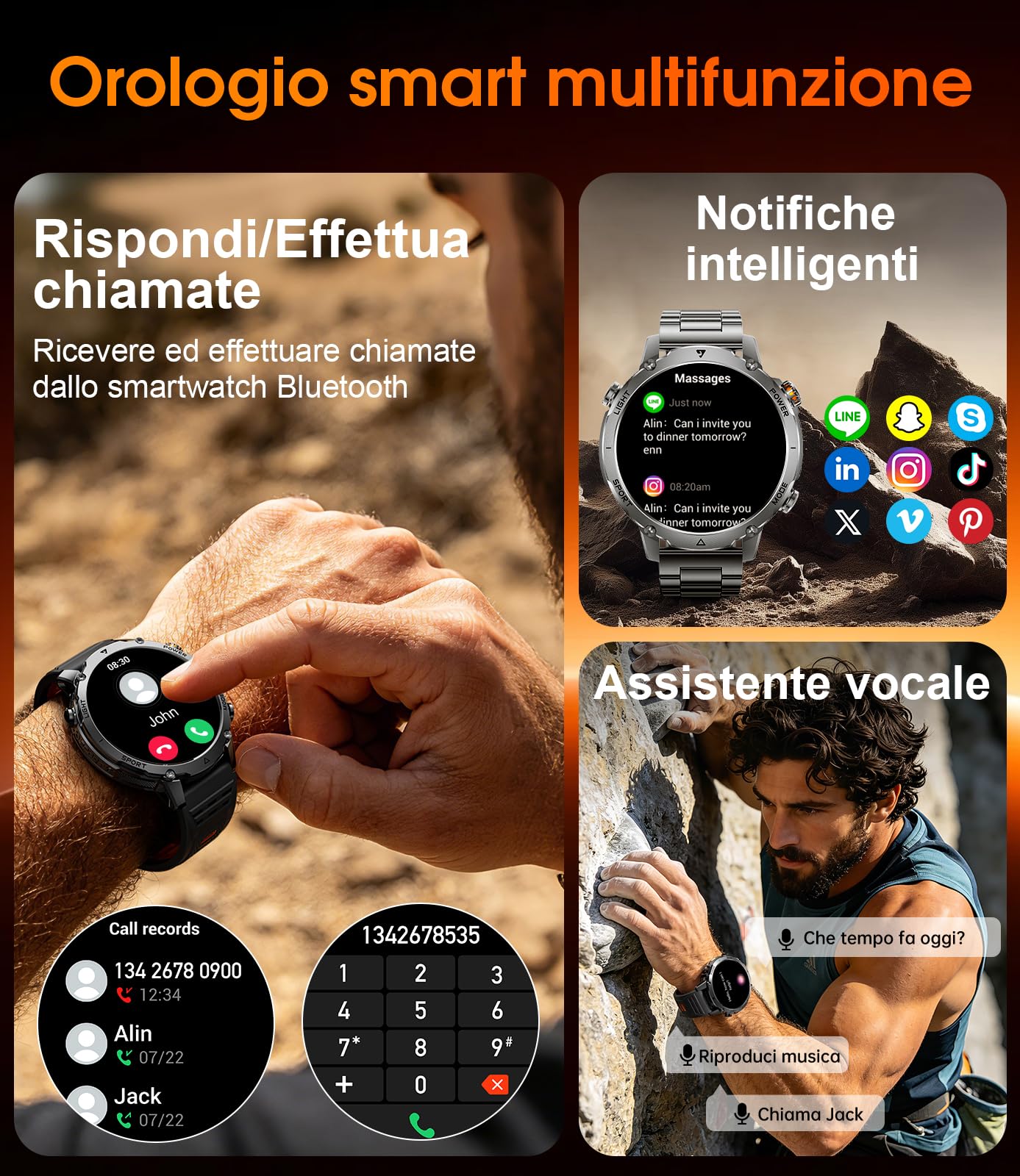 LIGE Smartwatch Uomo Militare, Batteria 1400mAh 14 Giorni, Display HD 1,7", Torcia LED, Chiamate Bluetooth, 110+ Modalità Sportive, IP68 Waterproof, Smart Watch for Android iOS, 2 Cinturini