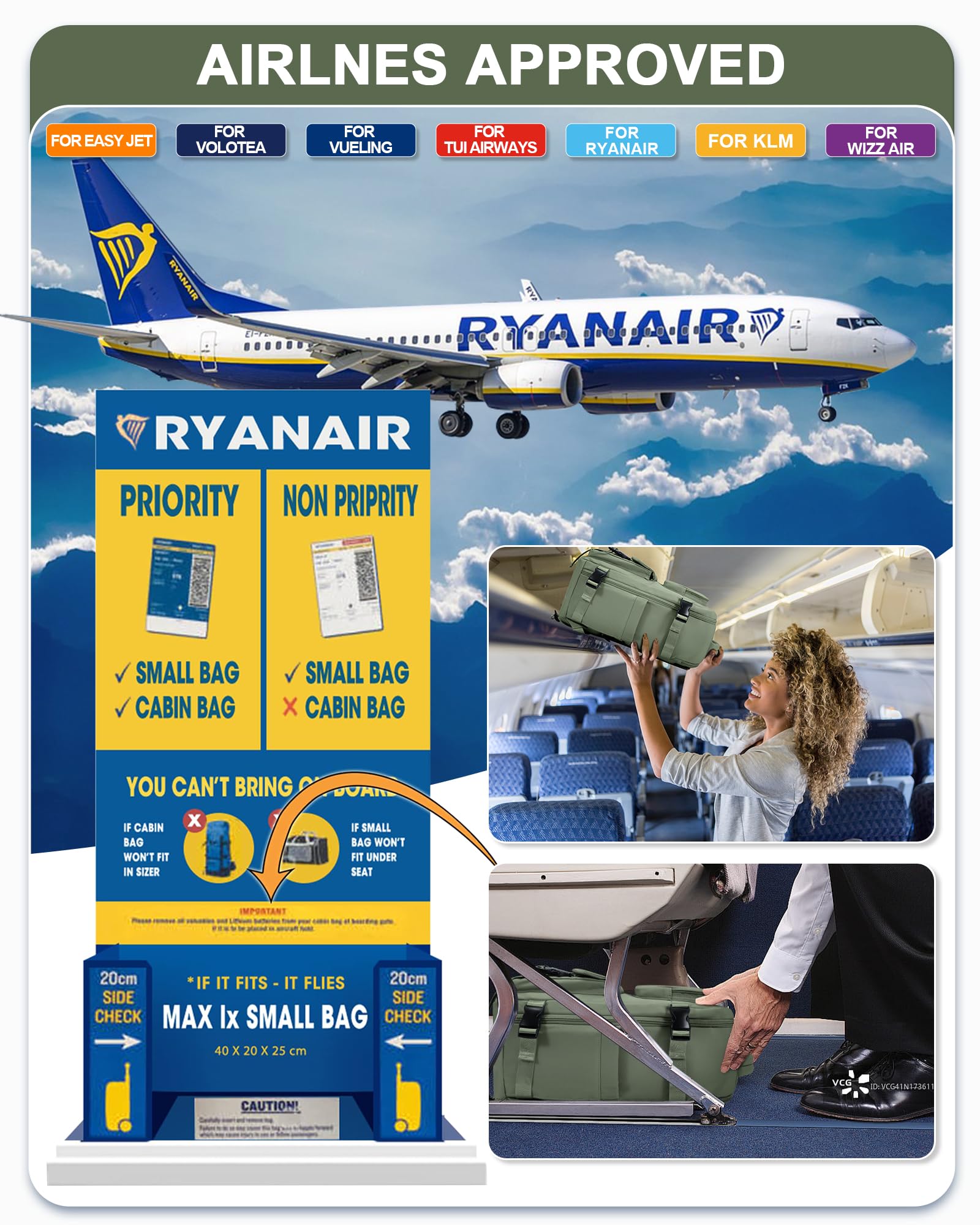 BJLFS Borse da Cabina per Ryanair 40x20x25 Bagaglio a Mano Zaino Borsa Zaino da Viaggio, Zaino da trekking,Zaino Easyjet 45x36x20,Zaino Casual per laptop da 14 pollici per scuola
