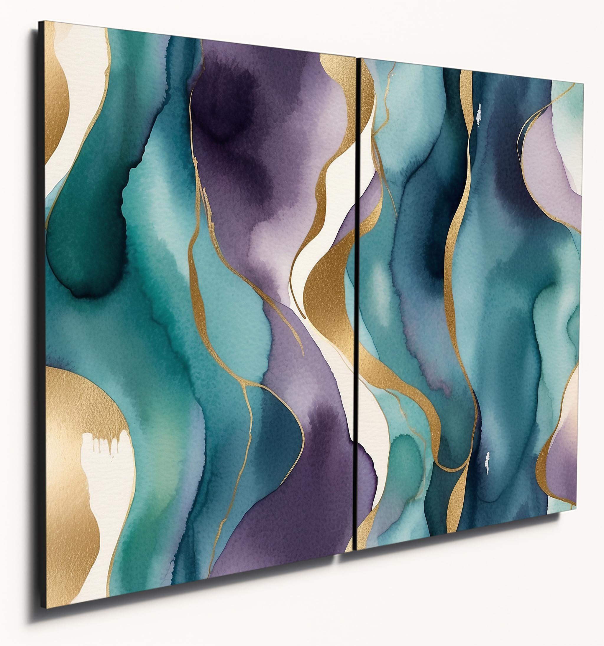 The Plum Penguin Abstract Ogee Watercolor Wood Wall Art, A4 MDF Pair, Blue Teal Purple with Gold Splashes Canvas Alternative 40 x 30cm