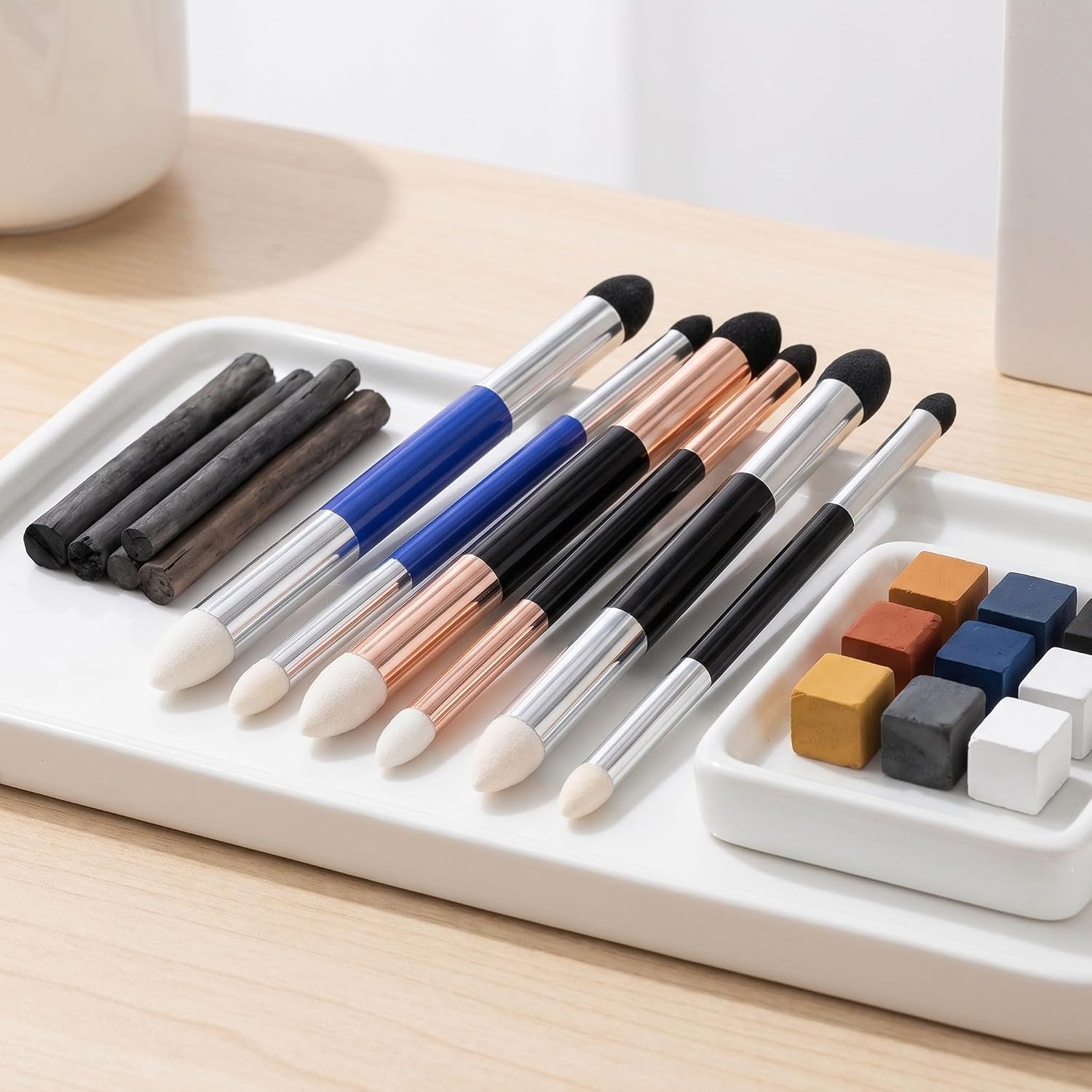 VICASKY 6pcs Double-Headed Drawing Art Blenders with Broad and Fine Tips, Sponge and Felt Material, for Painting and Sketching, Blending Pencil Shading for Beginners and Professional