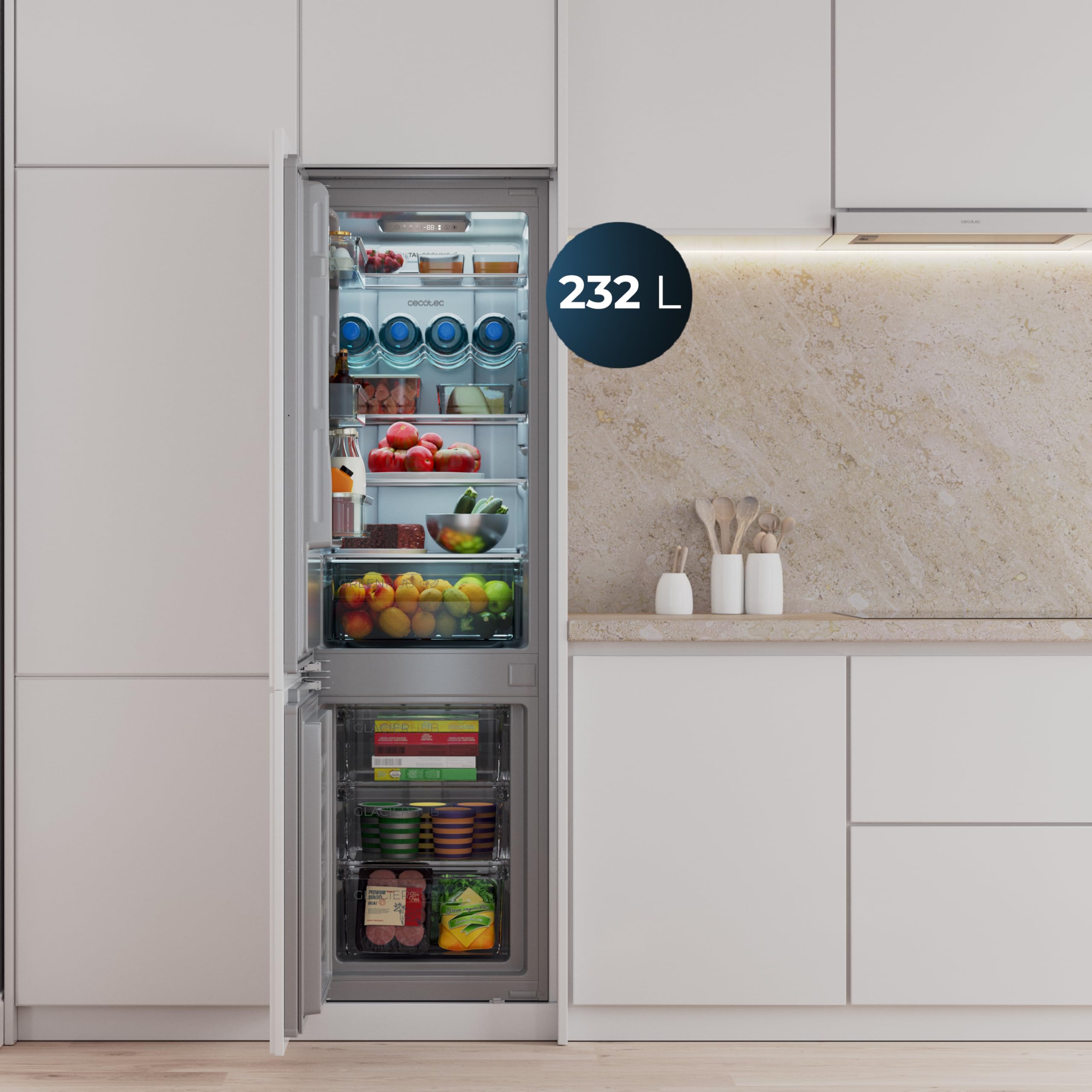 Cecotec Frigorifero Combinato da Incasso Bolero CoolMarket Combi BI-D MC 232 GREY E. 177x54 cm, 232 L, Metal Cooling, Interno Grigio Premium, Classe E, Fast Cooling, Fast Freezing, Efficienza Totale