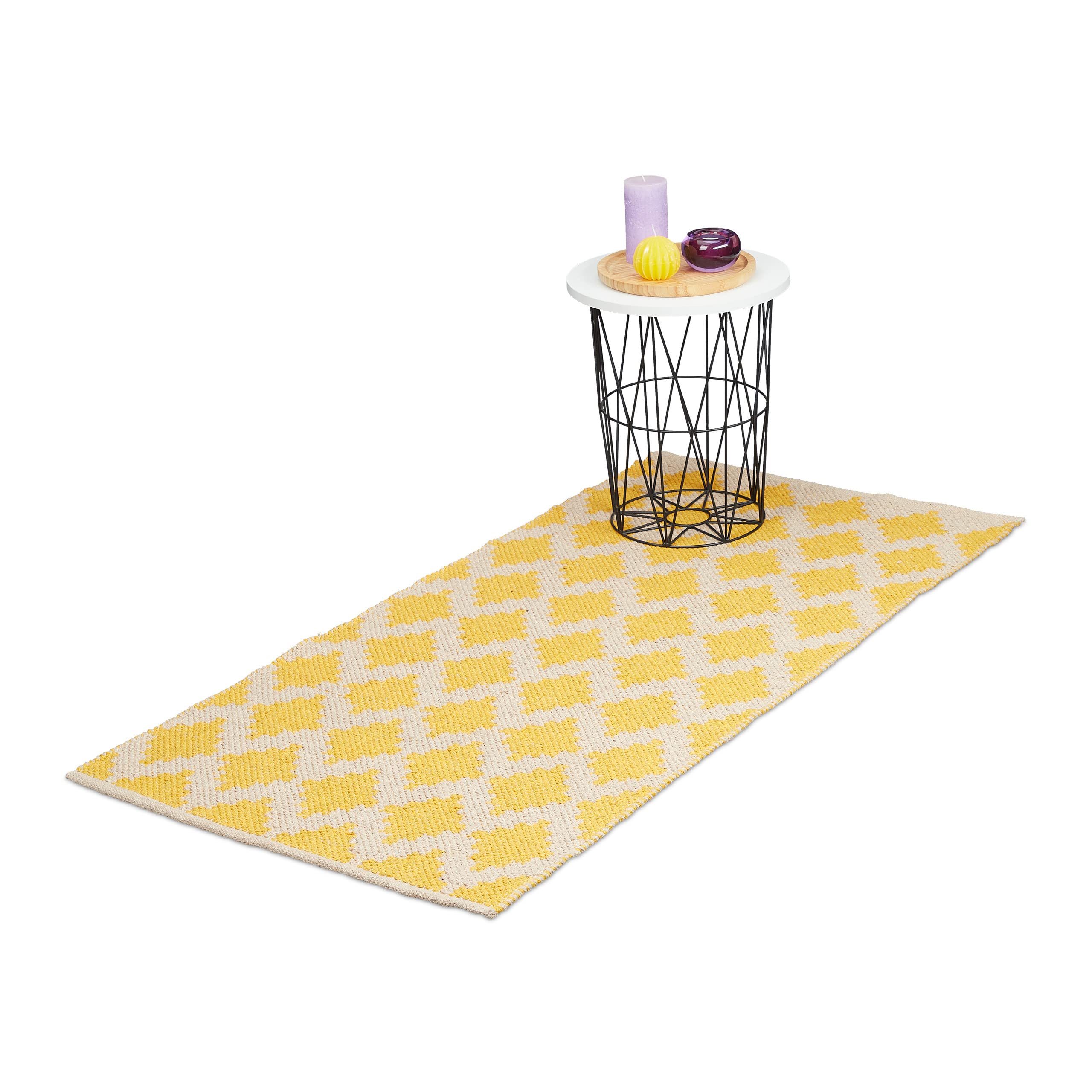 Relaxdays Tappeto in Cotone, 70 x 140 cm, Passatoia Antiscivolo per Corridoio e Cucina, Motivo a Rombi, Beige Giallo