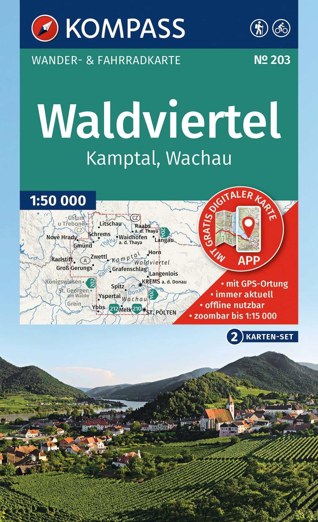 KOMPASS Wanderkarten-Set 203 Waldviertel, Kamptal, Wachau (2 Karten) 1:50.000: inklusive Karte zur offline Verwendung in der KOMPASS-App. Fahrradfahren.