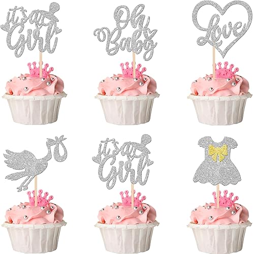 30 piezas de decoración de cupcakes para baby shower, con lazo con purpurina, diseño de corazón de amor, para cupcakes, "It's a Girl", decoraciones