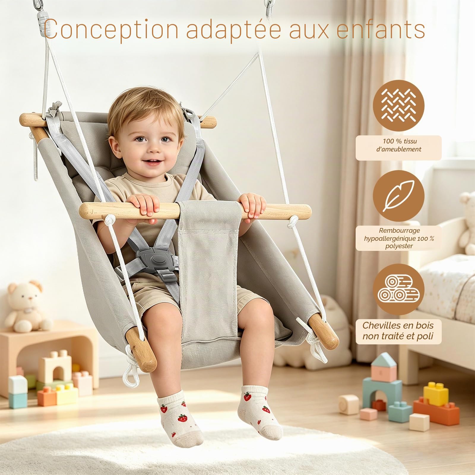Balançoire bébé 3 en 1, Chaise Suspendue en Bois avec Ceinture de sécurité et Coussin en Coton, hamac-balançoire bébé réglable, balançoire Enfant d'intérieur/extérieur, capacité 60 kg, 6-36 Mois