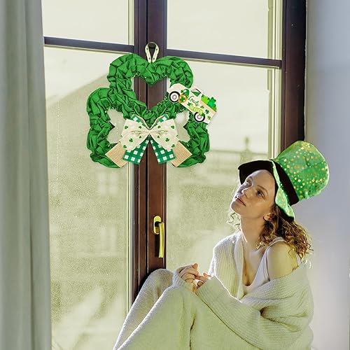Miniatura 5 de Decoraciones de corona del día de San Patricio, corona de trébol de arpillera de 16.5 pulgadas con lazos a cuadros de búfalo y un auto de la suerte