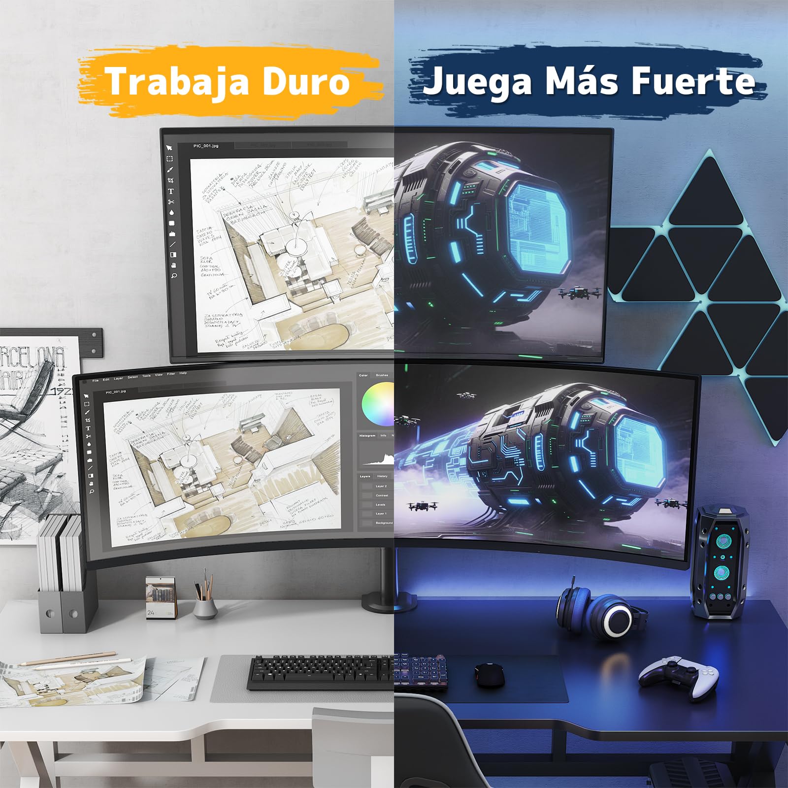 Soporte Monitor para 2 Pantallas 17-49 Pulgadas – Brazo Doble Ajustable en Altura, VESA 75x75 / 100x100, Inclinable, Giratorio, Ahorra Espacio, Negro