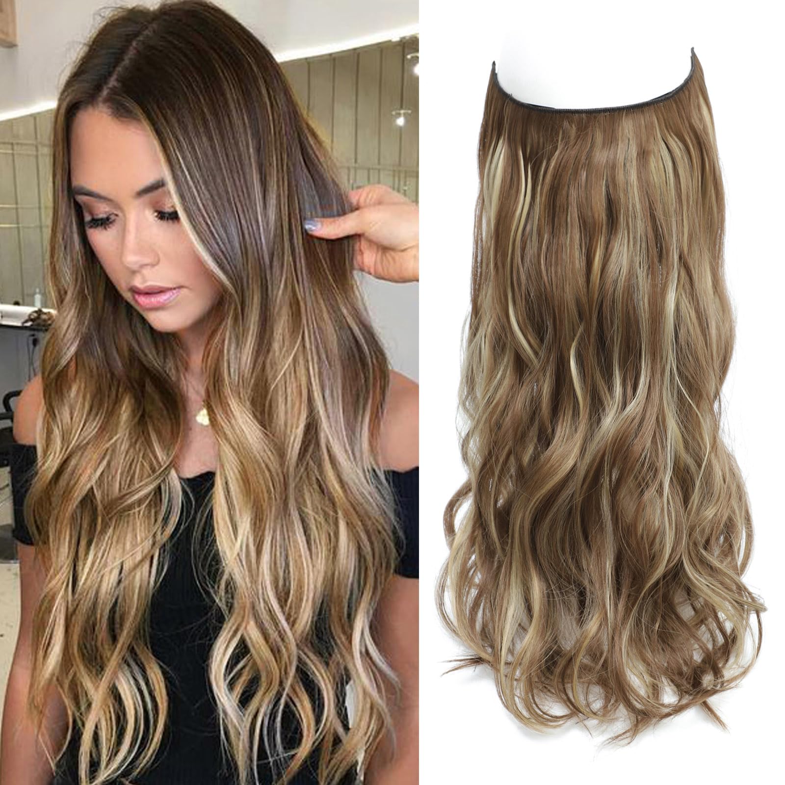 Invisible Wire Hair Extension Brown with Golden Highlights, Friendly Synthetic 20 inch Wavy Pieces for Women