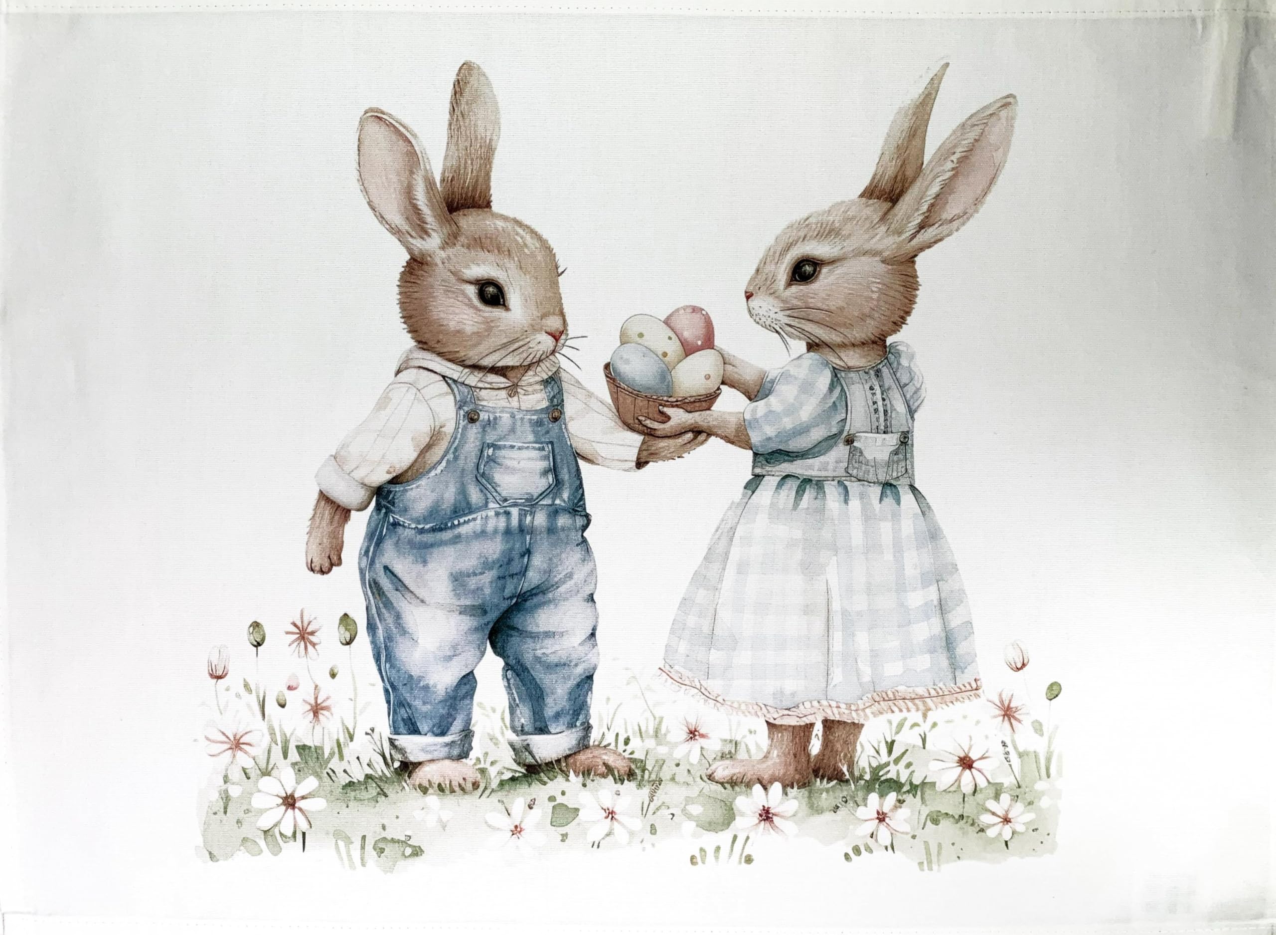 Half A Donkey White Easter Bunnies Couple With Eggs Large Cotton Tea Towel