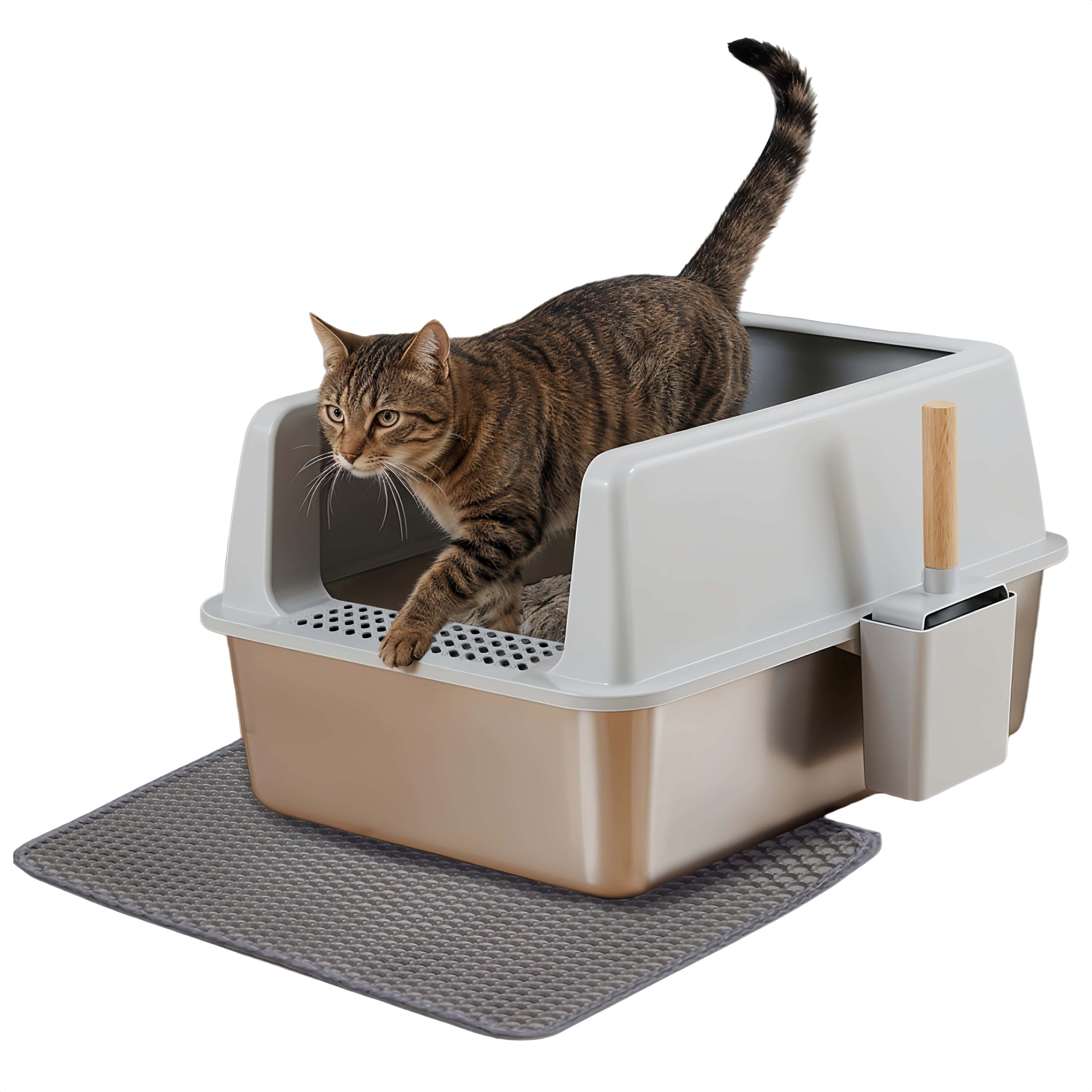 BingoPaw Katzenklo Edelstahl XXL, Katzentoilette Edelstahl für große Katzen, offenes Katzenklo mit hohem Rand, Katzenstreuschaufel und Katzenstreu Matte, Silbergrau 60.5x40.5x31cm