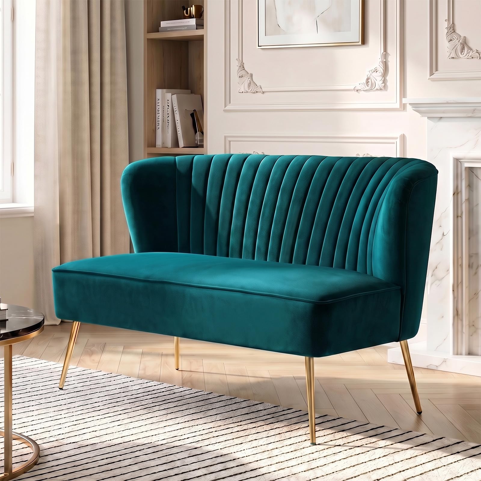 HULALA HOME Velvet 2 Seater Sofa Upholstered Loveseat Couch with Metal Legs Armless Backrest for Living Room Bedroom Lounge, Teal — image 1